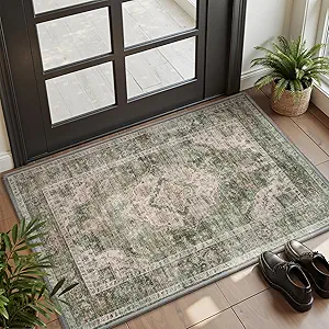 AMOAMI-2X3 Small Rug-Washable Rugs Entryway Mat Indoor-Soft Vintage Non Slip Rugs for Kitchen Laundry Room Bathroom Green Decorative Accent Rug for in Front of Sink 24 Inch x36 Inch