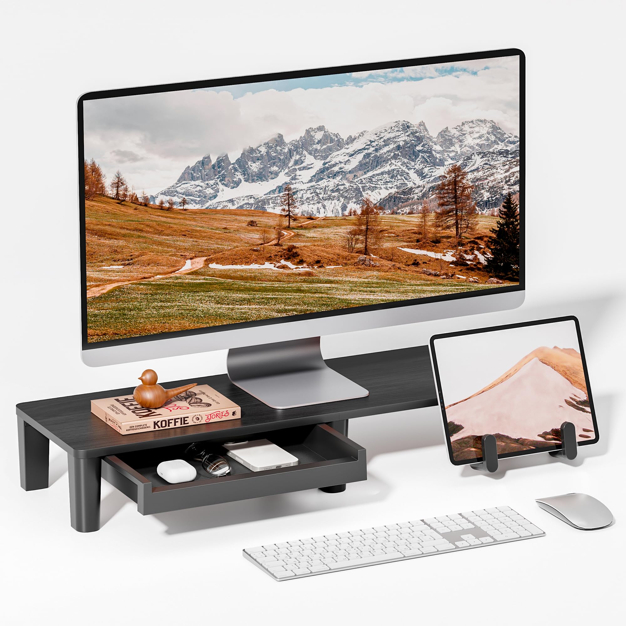 PEGZONE Supporto per monitor da scrivania, ergonomico per computer, con cassetto portaoggetti, organizer per PC, laptop, scrivania per computer, casa e ufficio