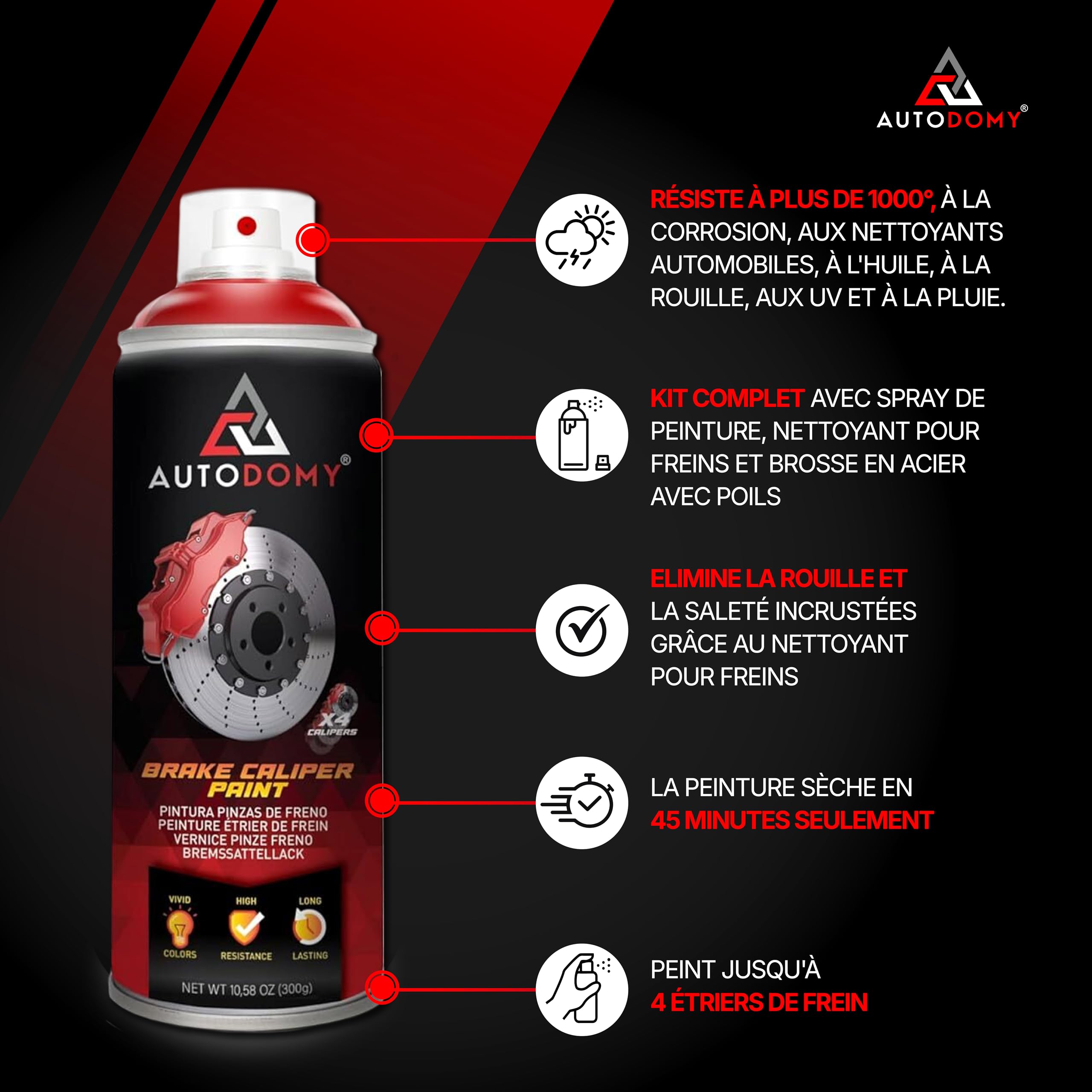Autodomy Kit Peinture Etrier de Frein 400ml Résistante aux Températures Elevées | Peinture Etrier de Frein Rouge + Nettoyant Freins + Brosse en Acier pour Voiture et Moto Kit Complet