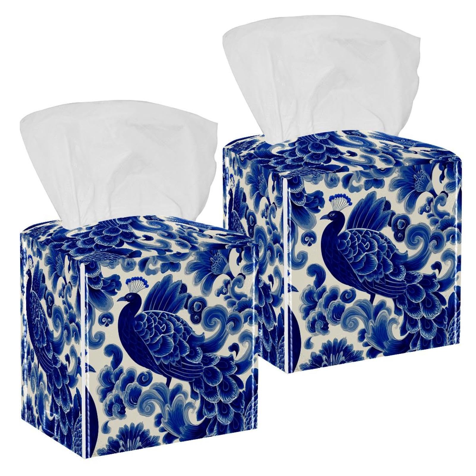 Blue Peacock Tissue Box Cover, 2 Pack PU Leather Square Facial Tissue Dispenser Box holder for Home Office Car