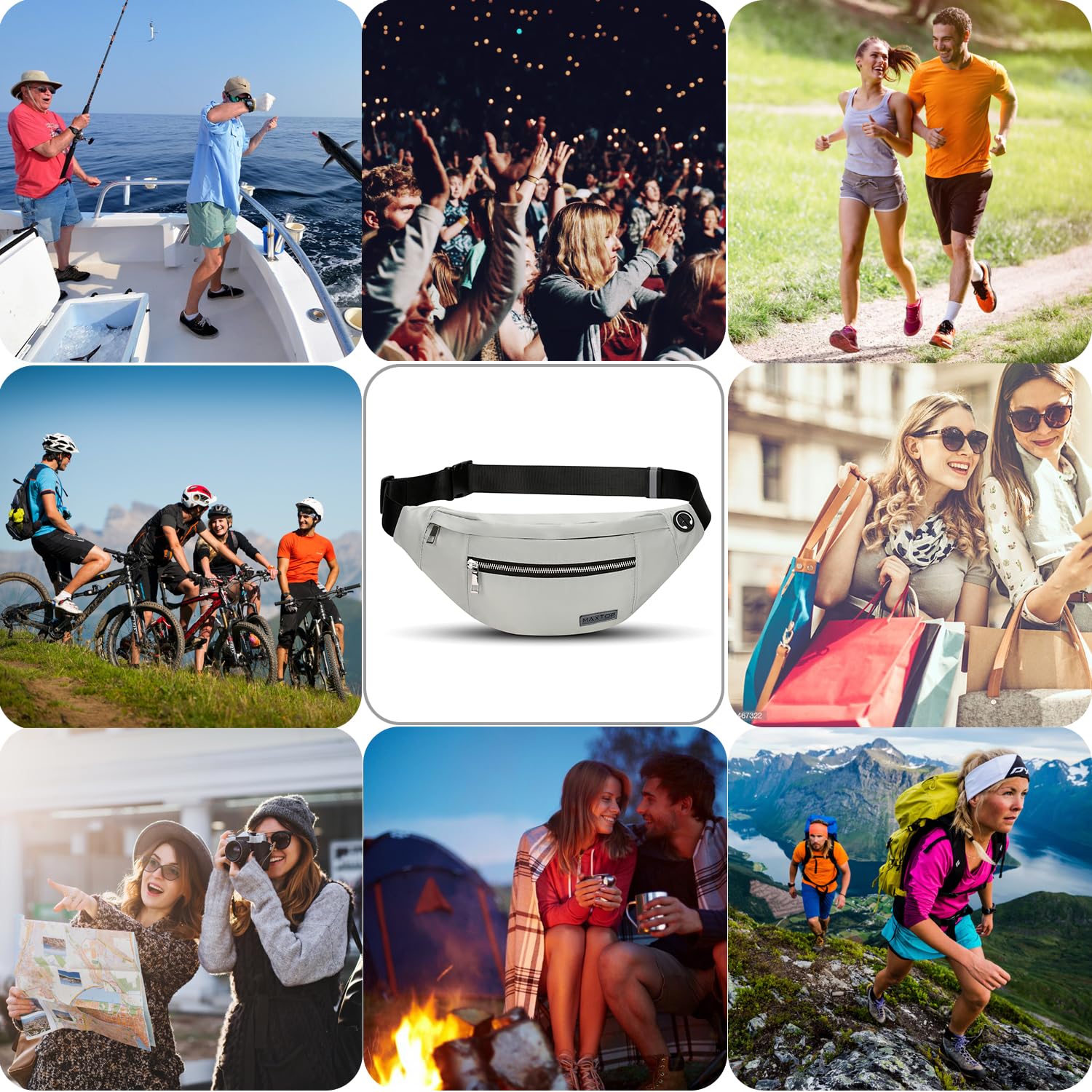 MAXTOP Marsupio Uomo Donna Unisex, Marsupio Impermeabile, con Jack per Cuffie e 4 Tasche con Cerniera, Cintura Regolabile per Allenamento all'aperto, Escursionismo