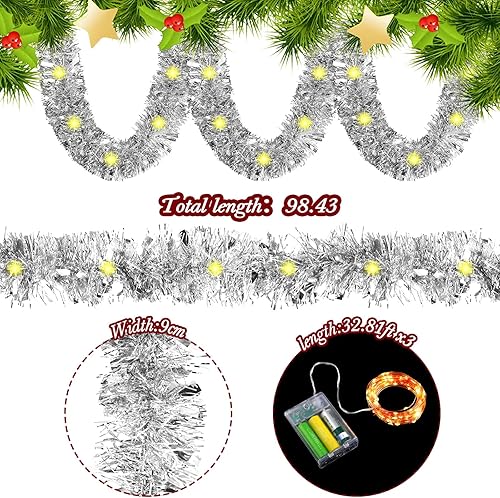 Miniatura 4 de Glitinsel Guirnalda metálica de oropel preiluminada de Navidad con tira de luces LED, guirnalda de Navidad para colgar en el árbol de Navidad, boda,