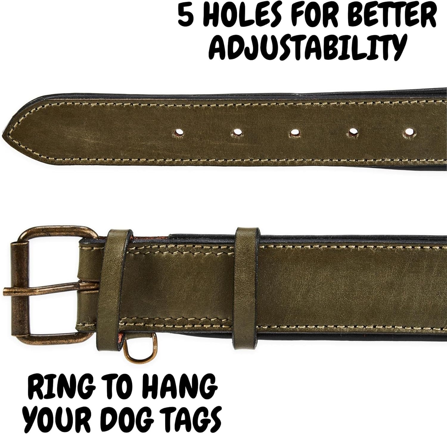 Real Leather Dog Collar Padded Soft Interiors with Premium Vintage Look Handcrafted Heavy Duty with Tag Ring for Small Medium and Large Pets (X-Large (1.75" Wide for 20" - 24" Neck), Olive)