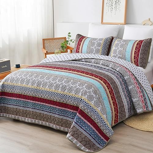 WONGS BEDDING Juego de edredón bohemio tamaño King, juego de ropa de cama de 3 piezas de estilo bohemio marrón, juego de colcha de microfibra ligera