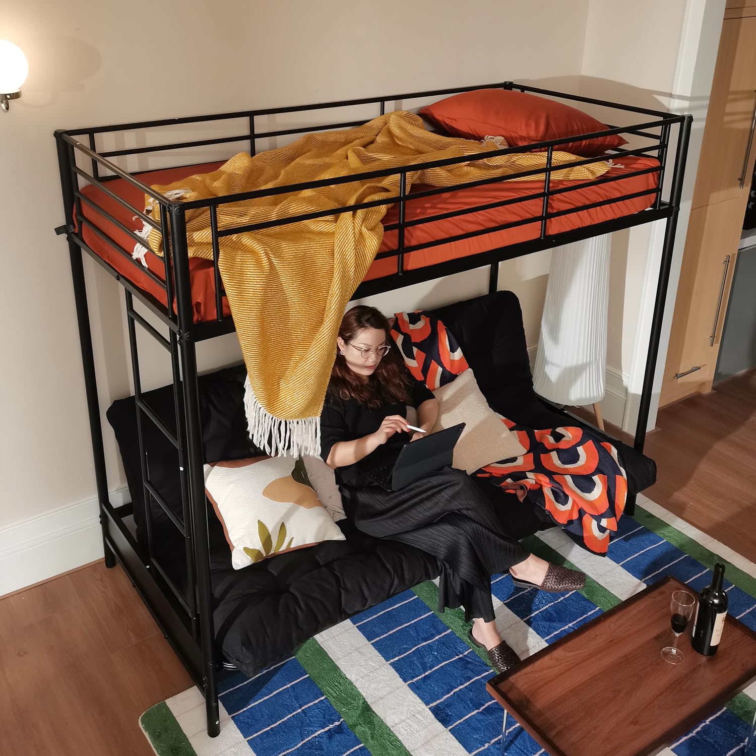 MEUBLE COSY Letto a Castello 90x190 cm con Divano Trasformabile e Rete a Doghe in Metallo, Stile Industriale, Letti per Camerette, Bambini, Adulti, Casa, Nero