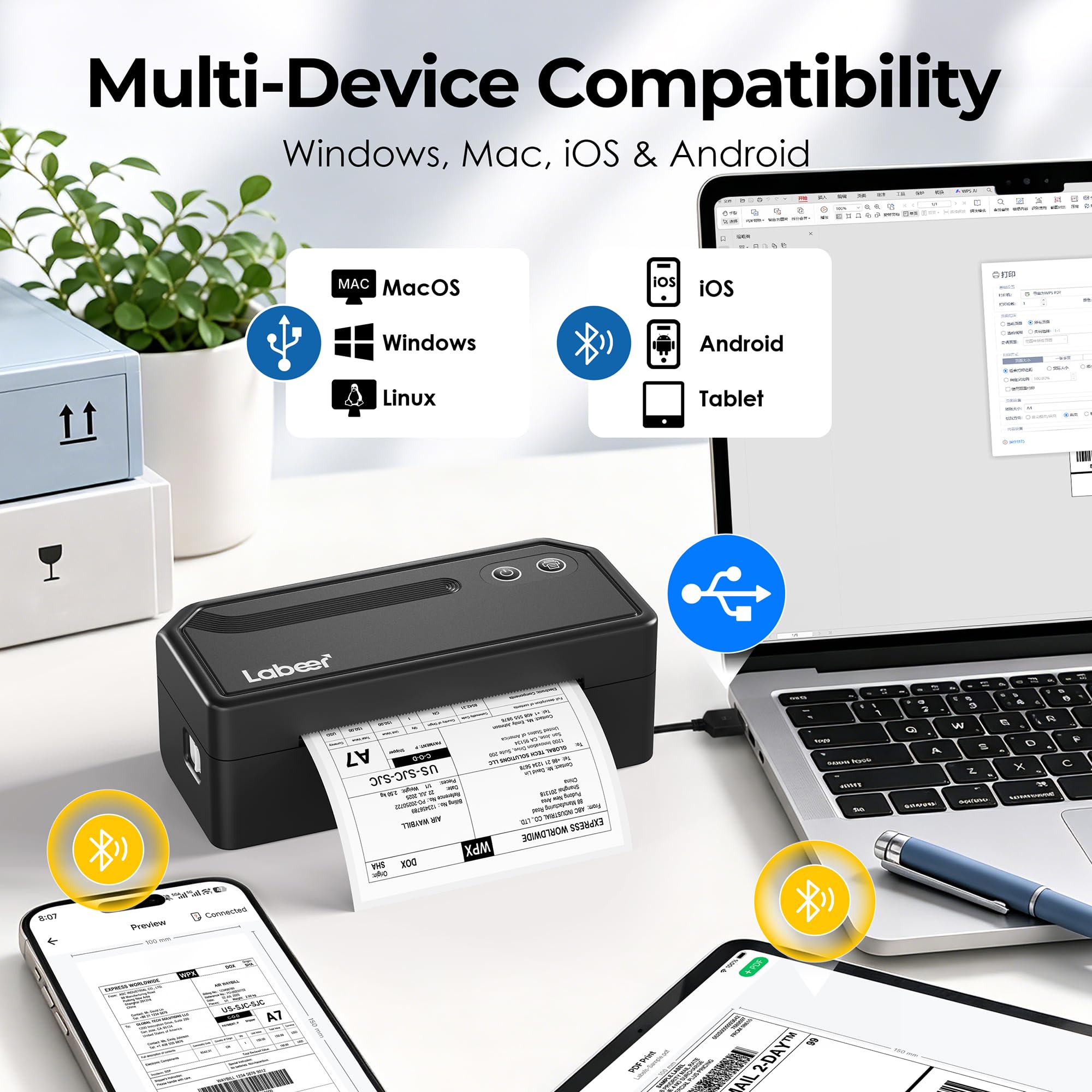 Labeer Bluetooth Thermal Etikettendrucker Versandpakete, 4x6 Wireless Etikettendrucker für kleine Unternehmen, Büro oder zu Hause, Kompatibel mit Windows/Mac/Android/iOS/Amazon/Ebay/Shopify/Etsy/USPS