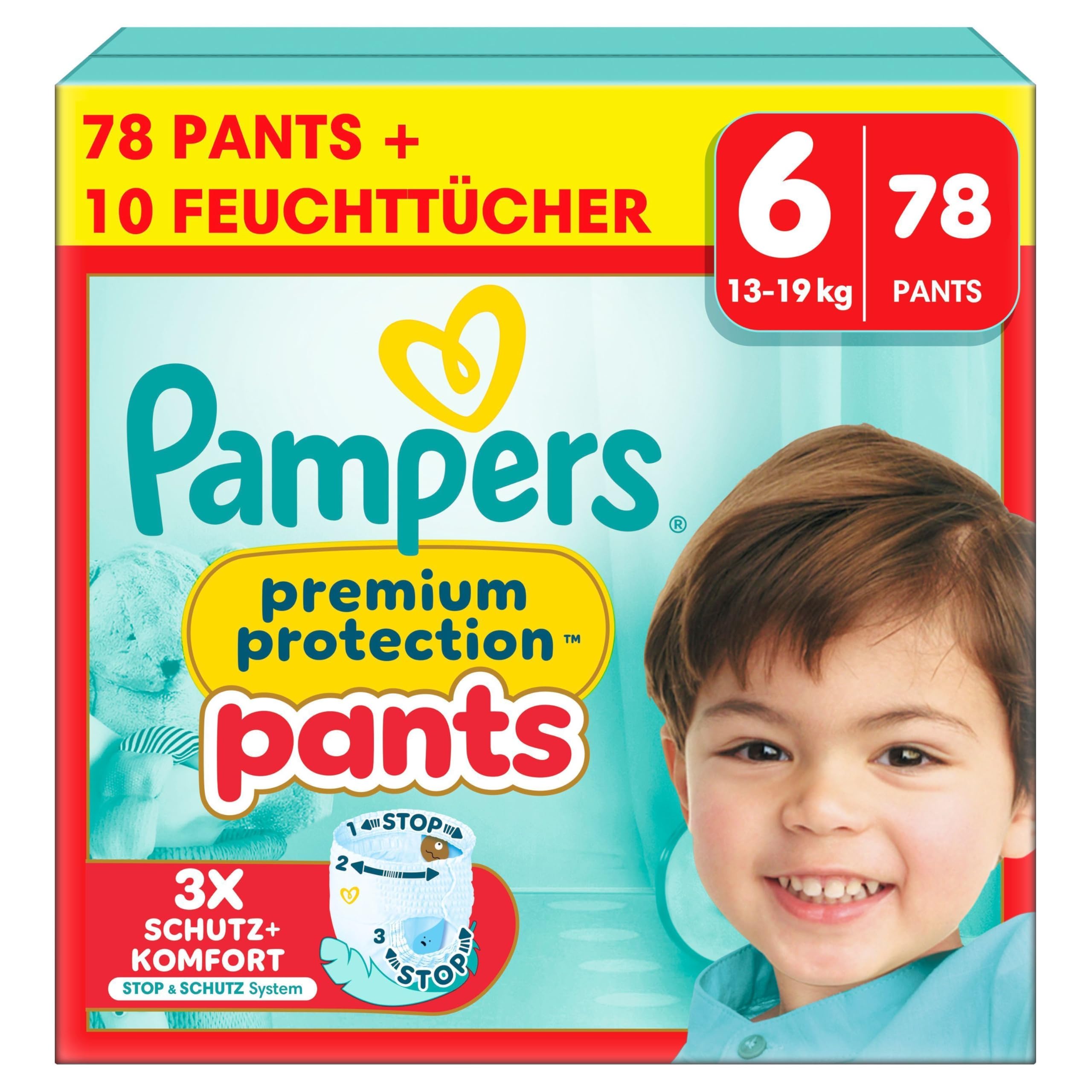 Pampers Premium Protection Pants Größe 6, 78 Windeln, 13kg-19kg, Mit 360° Passform, 2x breiteren Bündchen als vorher für Komfort & Schutz + 10 Stück Pampers Aqua Baby-Feuchttücher enthalten