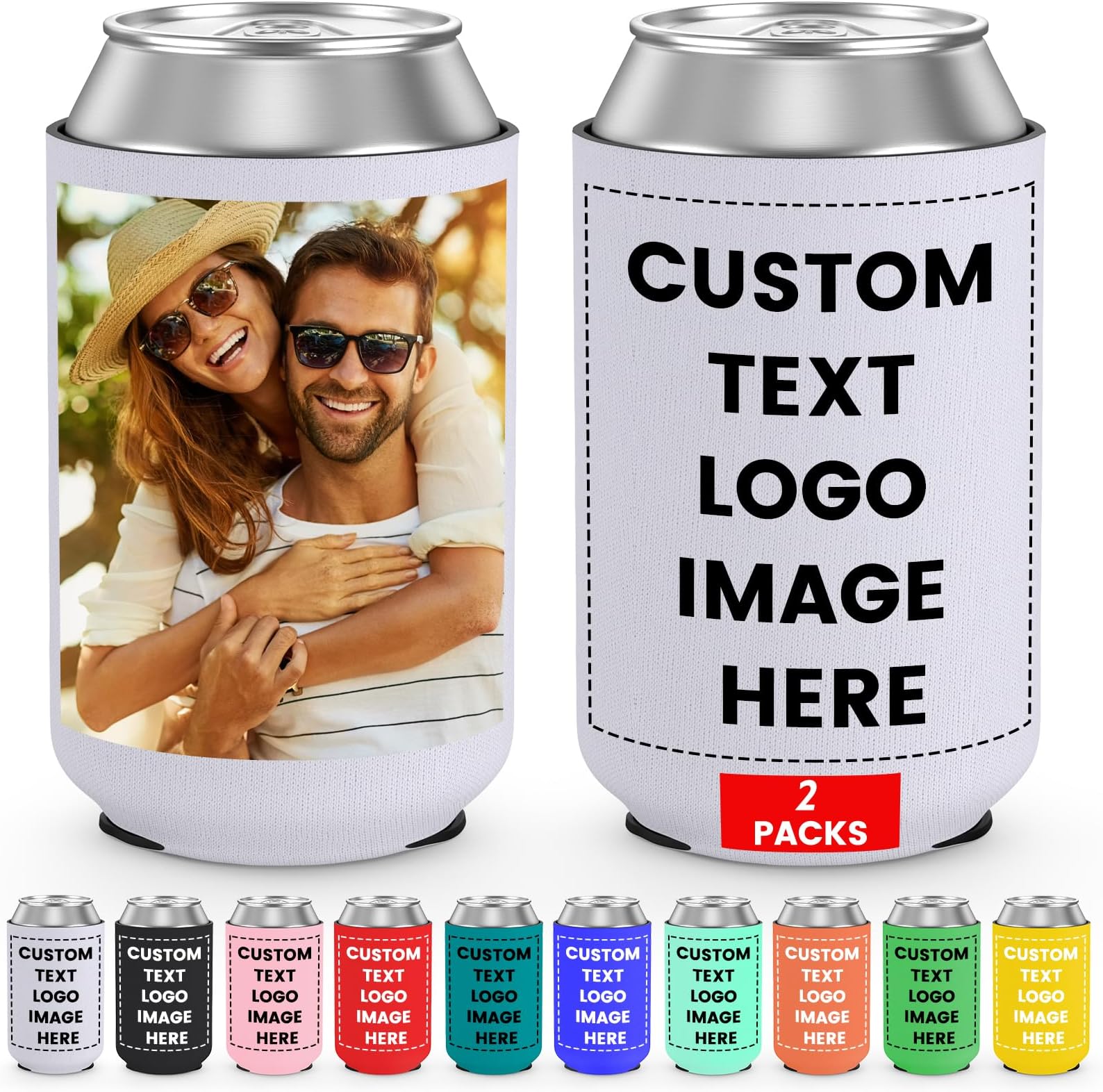 2 Pack Custom Can Cooler Sleeve Bulk Personalized Insulated Drink Can Coolers with Logo Image Text for Wedding Favors Birthday Bachelor Party Decorations