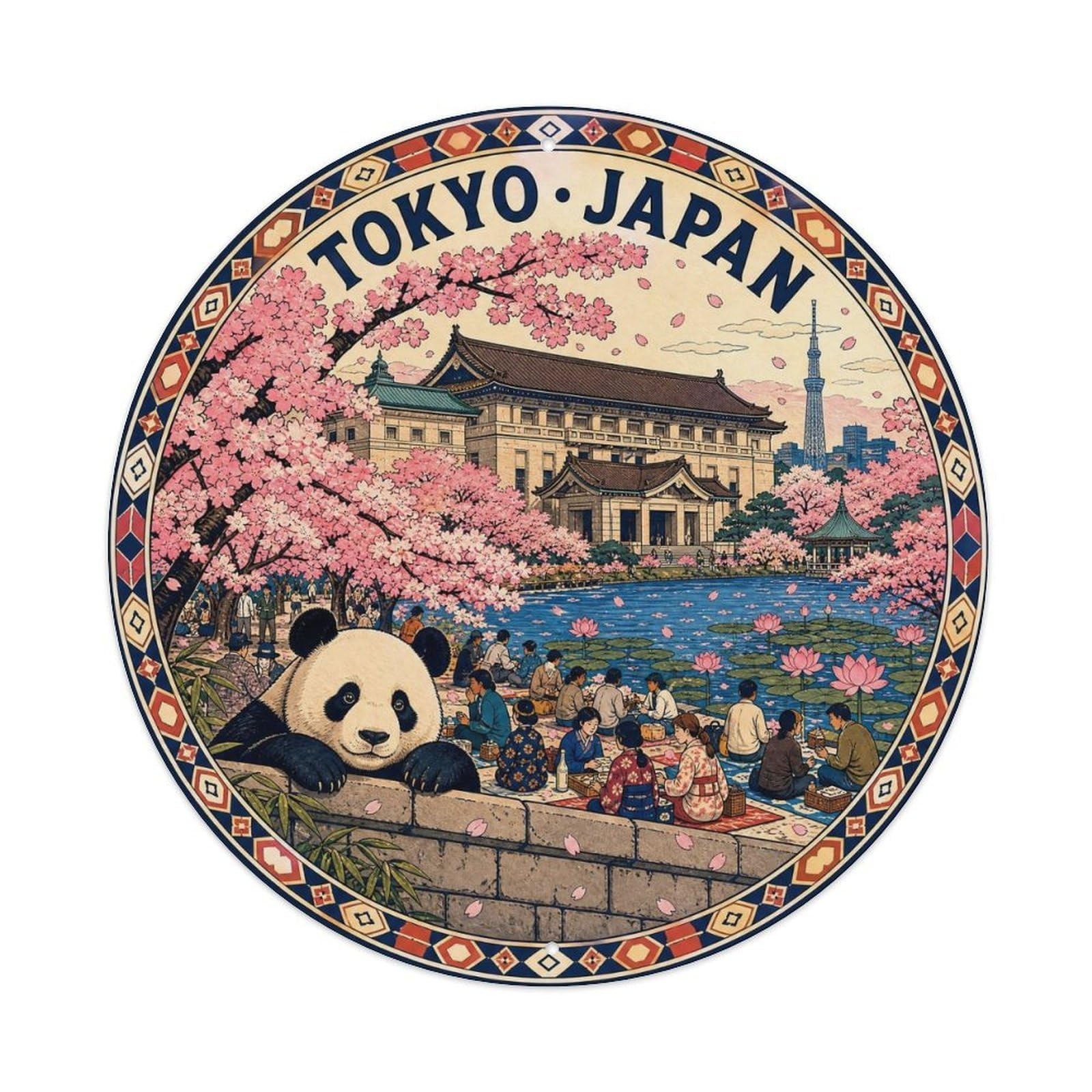 Olyhtr 8X8inch Classic Style Japan's Cherry Blossom Travel Park Giant Pandas Metal Tin Sign