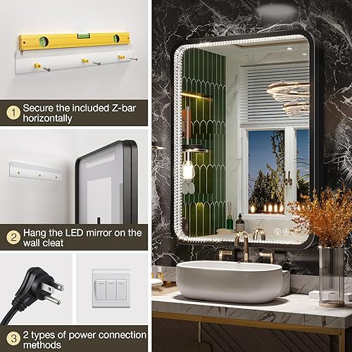 Miniatura 7 de Brightify Espejo de baño LED de cristal con luces, 28 x 36 pulgadas, espejo de tocador rectangular con marco de metal de doble capa, antiniebla, 3