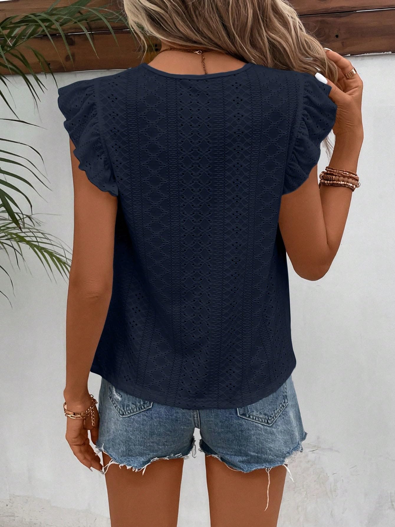 Floerns Maglietta da donna in stile bohémien, con ricamo, con volant, maniche ad aletta, girocollo, elegante, per le vacanze