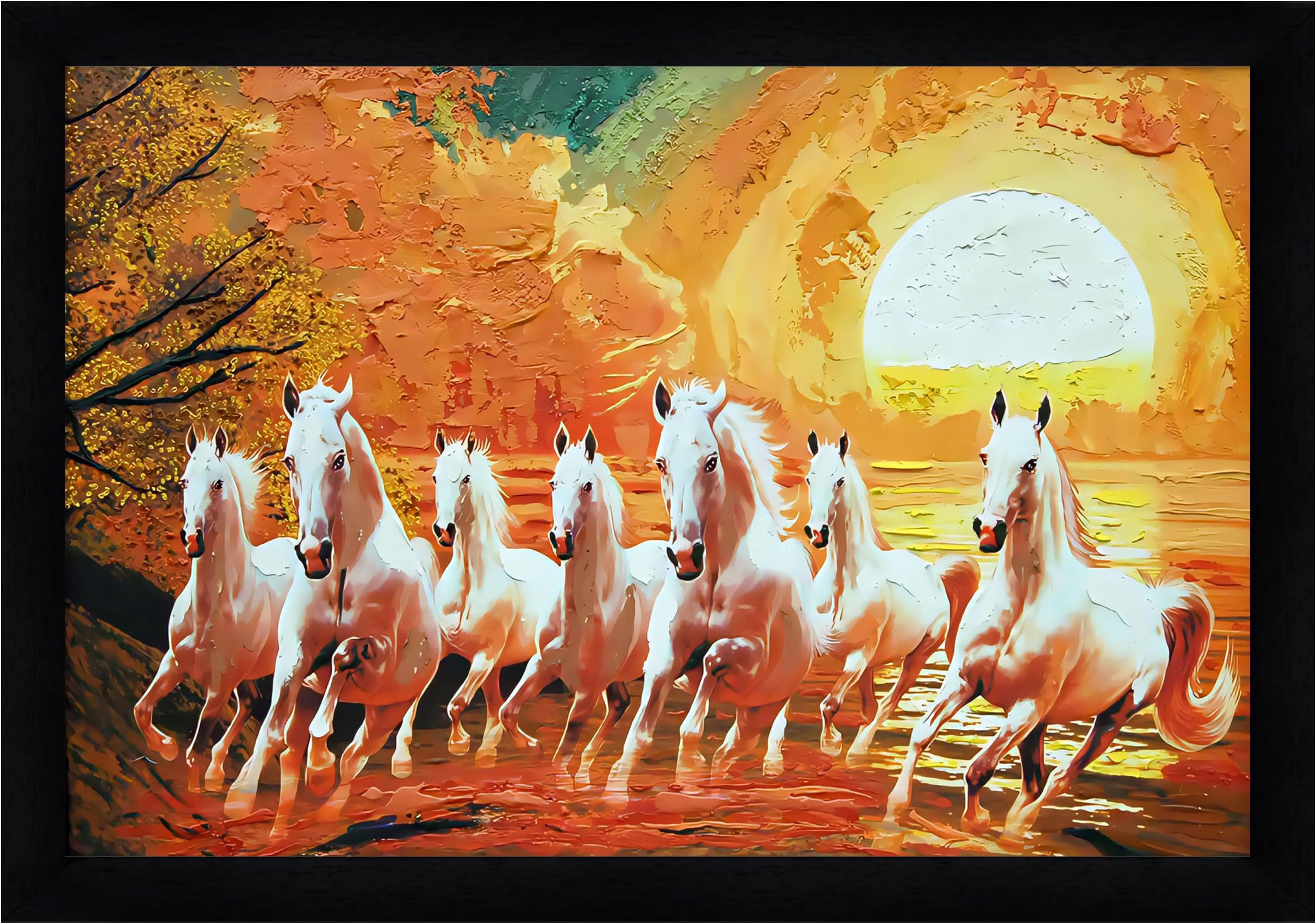 Indianara Vastu Runing Seven Horses Painting With Frame 13 Inches X 10 Inches (Style 10)