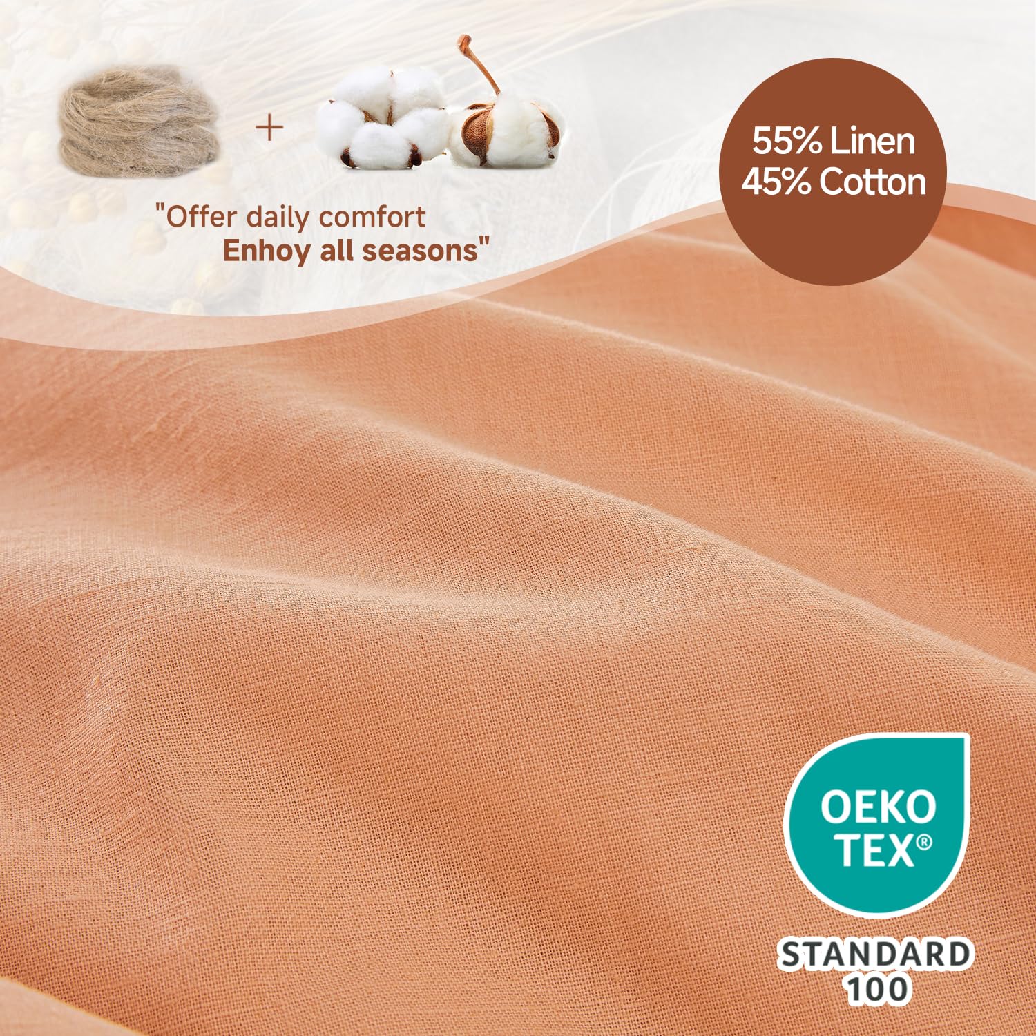 Simple&Opulence King Duvet Cover with 2 Pillowcases,Soft Cotton Linen Duvet Cover,King Size Bedding Set including Button Closure,Hypoallergenic Luxurious Breathable Quilt Cover Set,230x220cm,Peach - Image 4