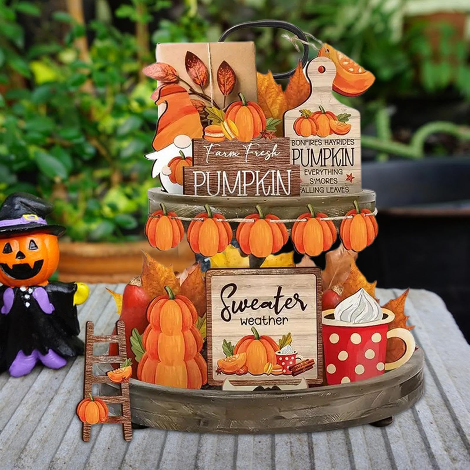 Set di decorazioni per vassoi a più livelli autunnali del Ringraziamento zucca foglia d'acero camion cartello in legno Hello Fall Country Farmhouse vassoio Decor da tavolo segno autunno Ringraziamento