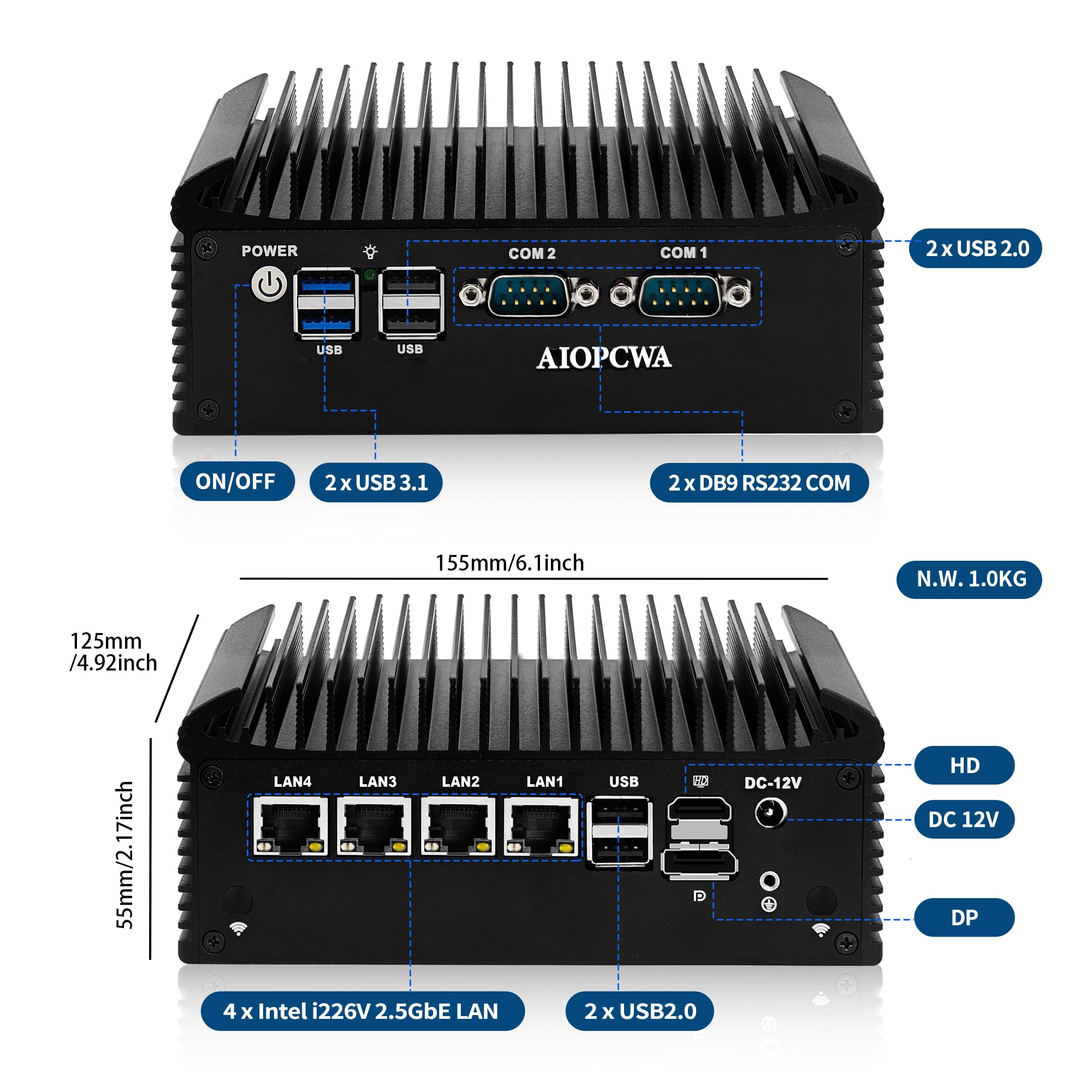 Fanless Mini PC N150 Firewall Appliance, 4 x i226-V 2.5GbE LAN, 2 x DB9 RS232 COM Industrial Mini Computer, OPNsense router Micro PC Barebone NO RAM/SSD/OS, HD+DP, 6 x USB