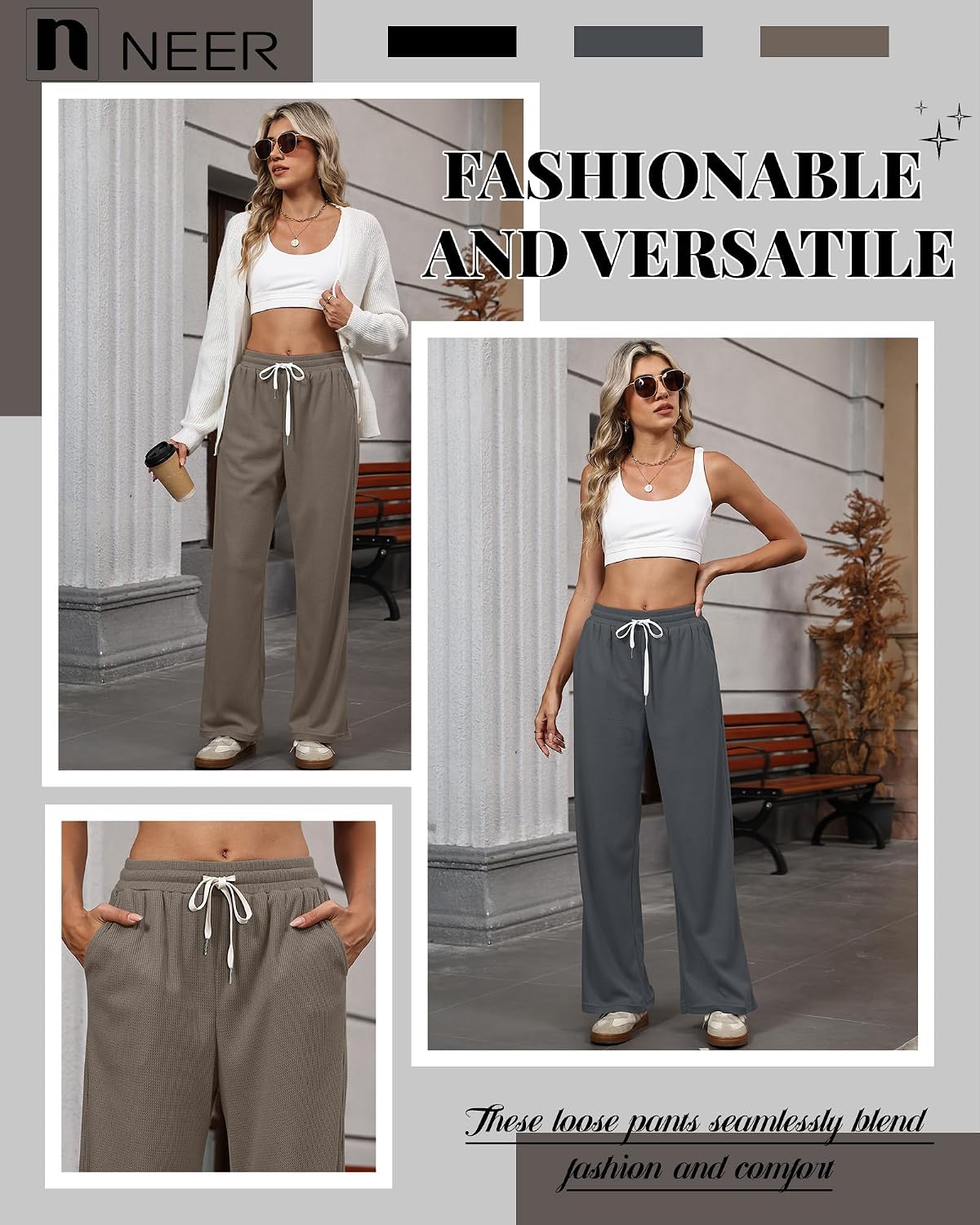 Neer 3 Pack Women's Waffle Knit Pants Wide Leg Baggy Sweatpants Casual Drawstring High Waisted with Pockets Knit Trousers