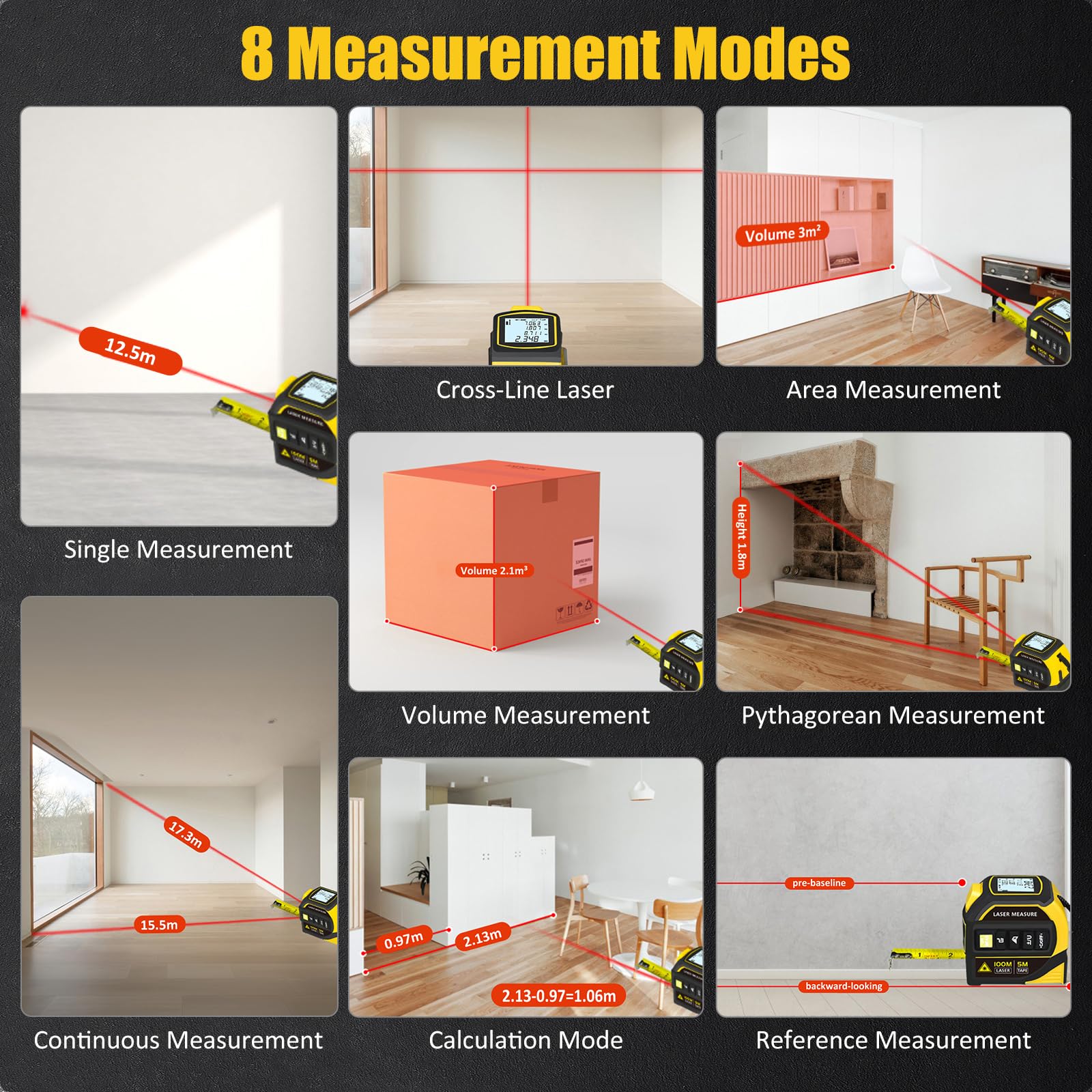 Laser Metro a Nastro 4 in 1, con Bluetooth, 5m e Telemetro Laser Metro a Nastro 100m, Misuratore Digitale con Livella Elettronica a Doppio Asse, Calcolo di Distanza, Superficie, Volume Disegno CAD