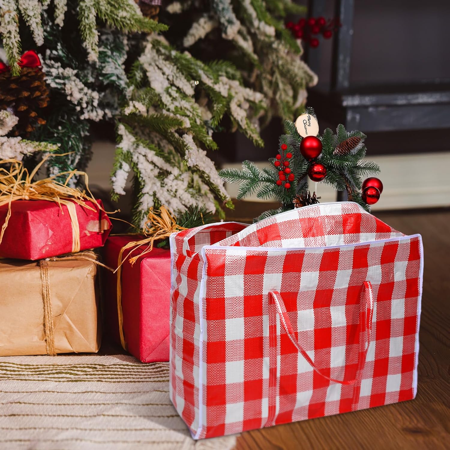 12 Pcs Christmas Storage Bags 27x20 Heavy Duty Containers,Red | Extra Large Buffalo Plaid, Zippered with Handles, For Ornaments Tree Wreath Garland Lights Seasonal Home Organizing