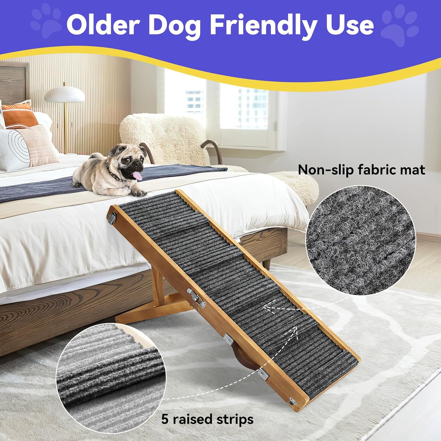 Pawaboo Foldable Dog Ramp for Couch & Sofa – 4 Adjustable Heights (13"-21") with Non-Slip Pad, Portable Pet Stairs for Small Dogs & Car, Supports Up to 33 lbs, Walnut