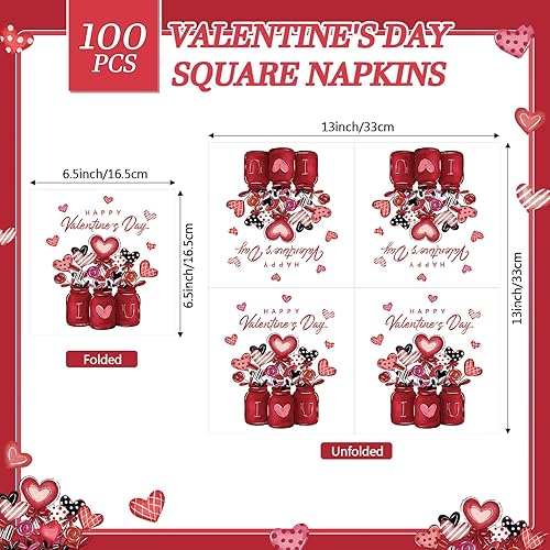 Miniatura 2 de Pasimy 100 servilletas de papel de San Valentín a granel, diseño de corazón rojo de amor rojo, servilletas desechables para invitados, toallas de