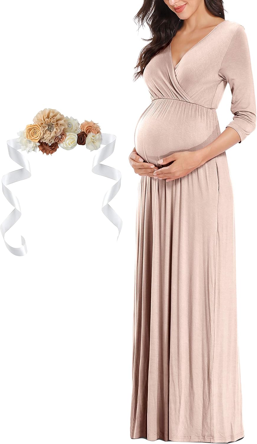 KIM S Maternity Maxi Dress with Flower Sash(S-3XL)/Wrapped Ruched V Neck Photoshoot Baby Shower Dresses - Image 3