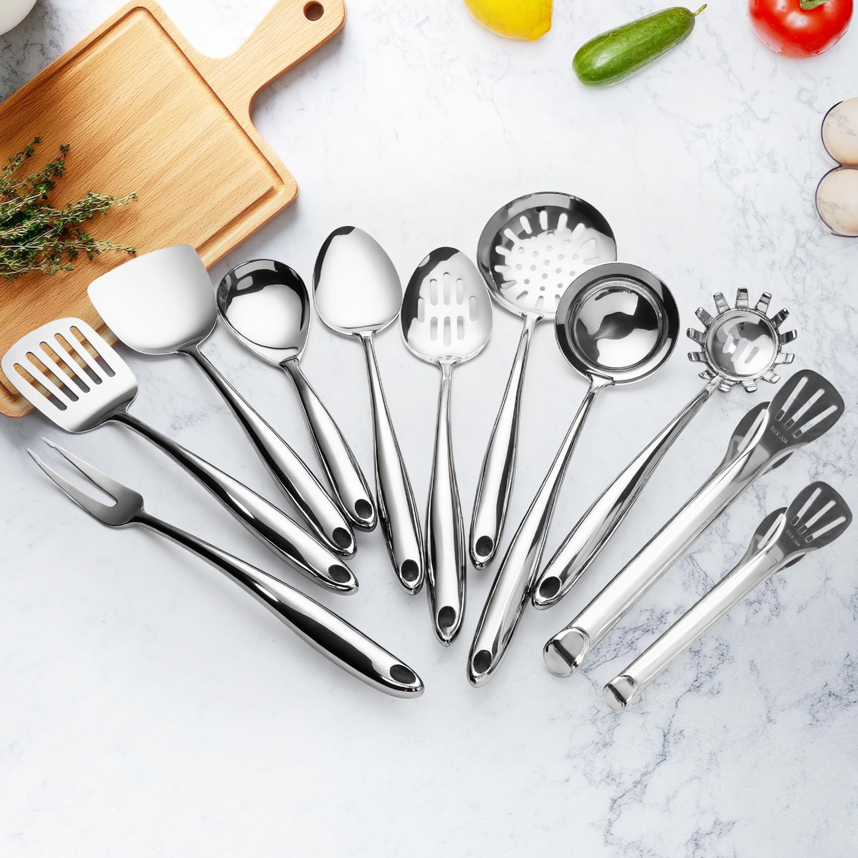 Set di utensili da cucina in acciaio inox 304, 11 pezzi, con spatola, cucchiaio, mestolo, schiumarola, paletta, paletta per pasta, pinze