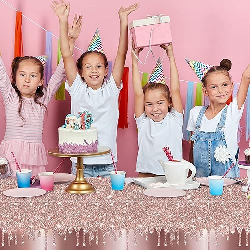 Miniatura 2 de 3 manteles de lentejuelas rosas y doradas para fiesta de cumpleaños, cubierta de mesa de oro rosa, diamantes con purpurina, fondo de feliz