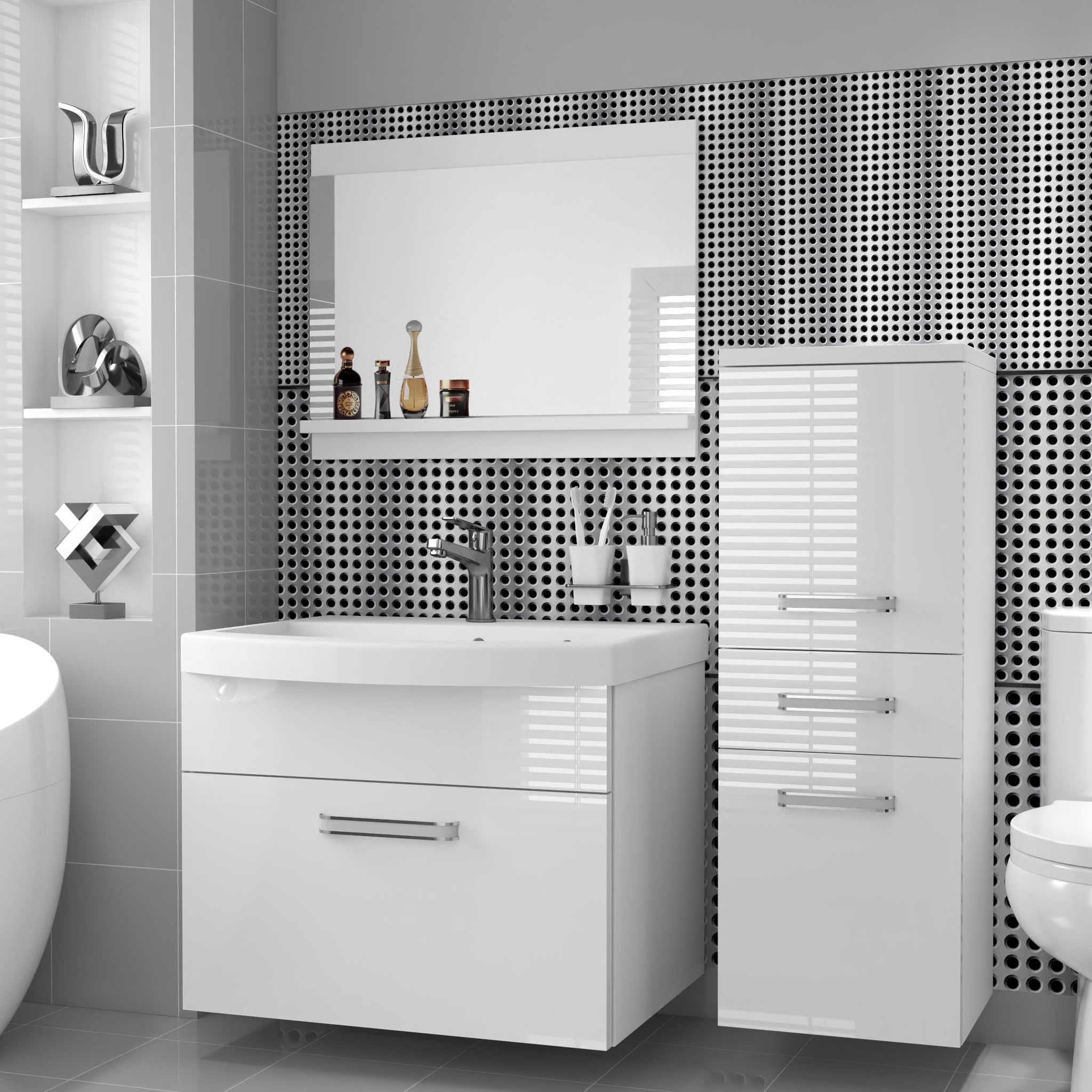 Belini PRIP2 szafka pod umywalkę, 90 cm, czarna, wysoki połysk | Czarne błyszczące meble łazienkowe, montaż ścienny, mechanizm soft-close, panel drewniany FSC, umywalka i lustro w zestawie