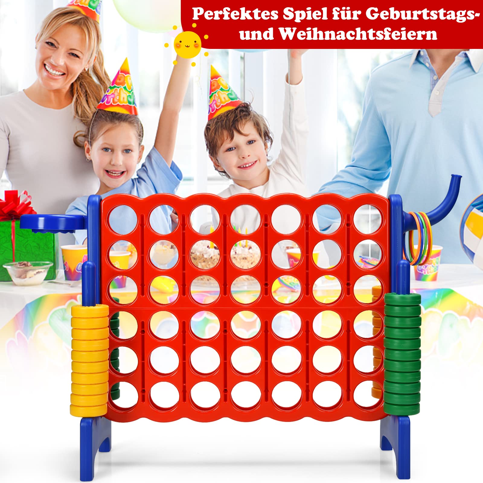 GOPLUS Riesiges 4 Gewinnt Spiel, Strategiespiel mit 42 Ringen, Basketballkorb & Wurfspiel & Schnellspannhebel, 4 in Einer Reihe für Kinder & Erwachsene (Rot + Blau)