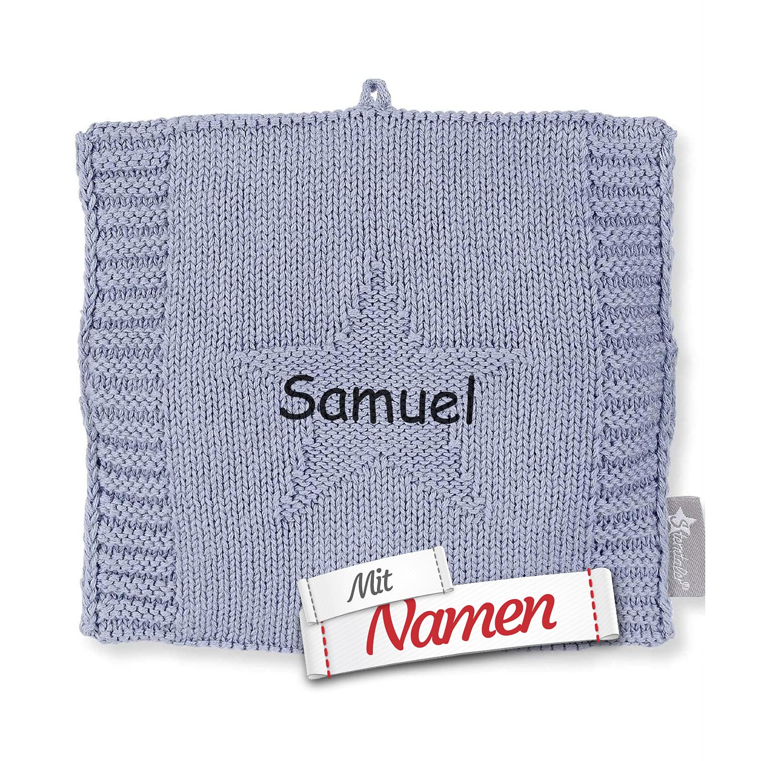 Sterntaler Wärmekissen Baby Kinder personalisiert mit Namen, Blaues Strick-Wärmesäckchen, Hafer Getreide Füllung, Mikrowelle, 15x15cm, Für Babys ab dem 1. Monat (Blau)