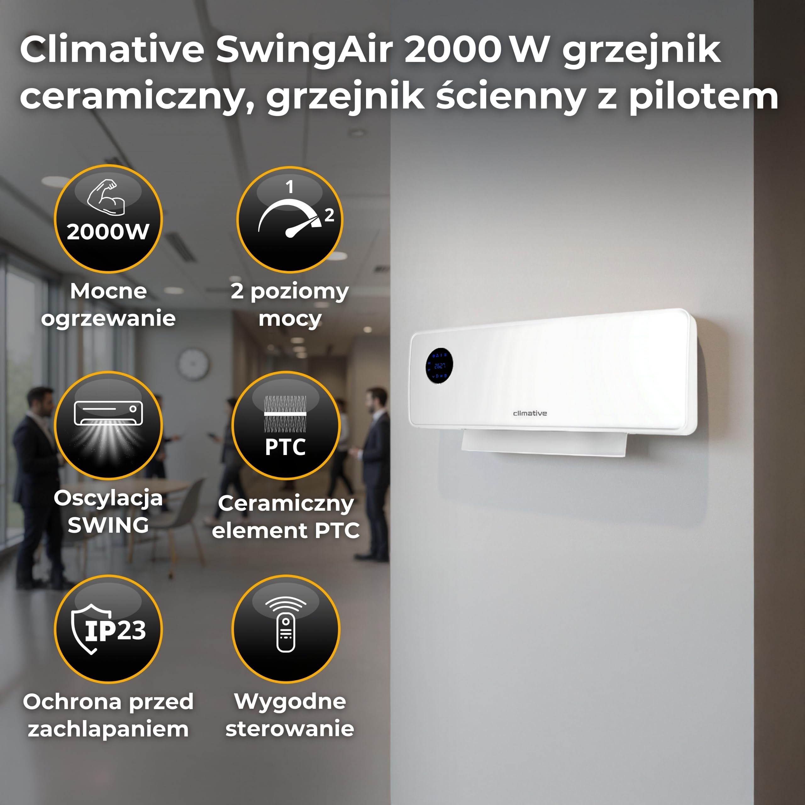 SwingAir 2000W biały wentylator ścienny – elektryczna ceram. nagrzewnica z oscylacją, LED, timer 24h, grzejnik łazienkowy, ścienna ogrzewnica