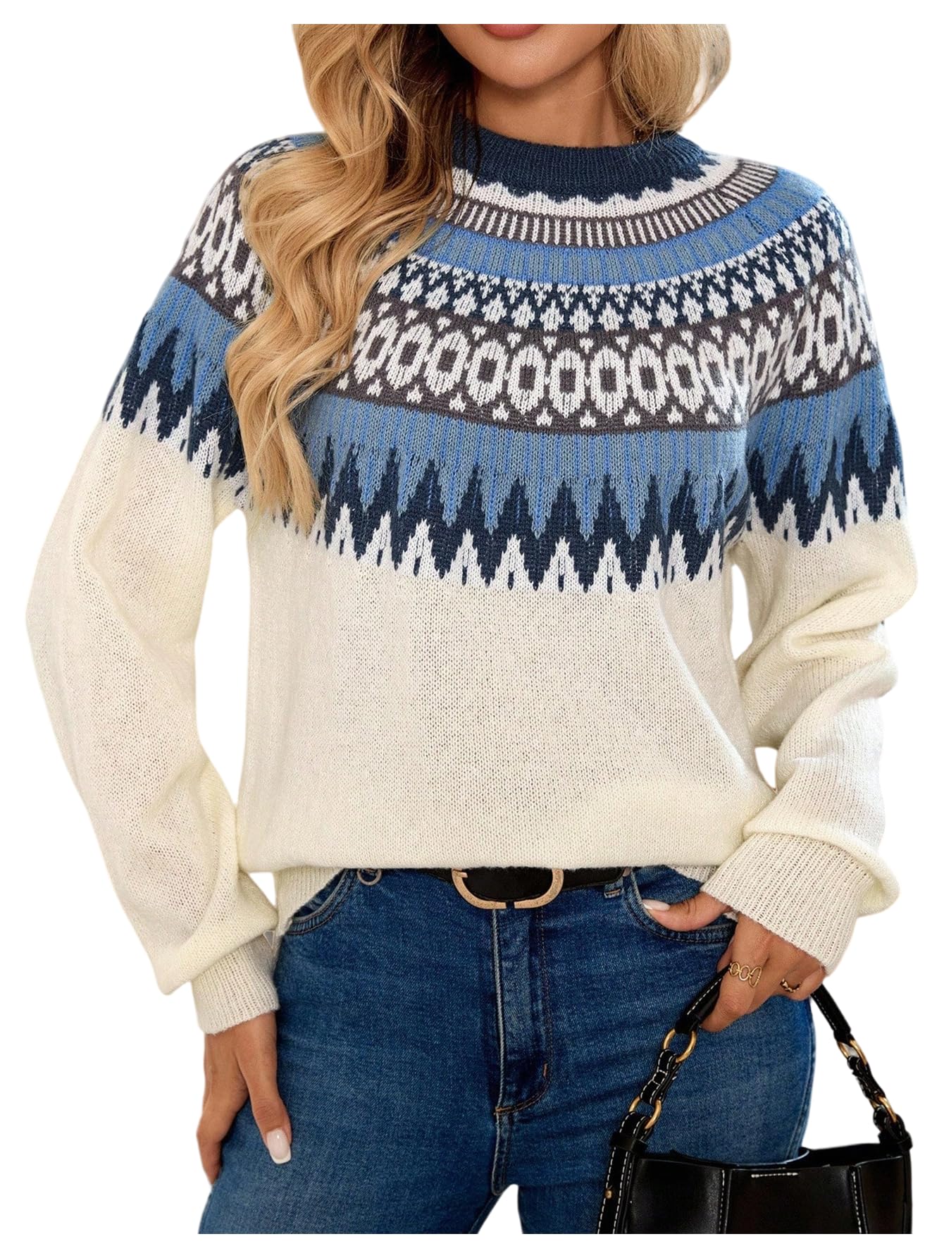 MakeMeChic Womens Ugly Fair Isle Sweater Crew Neck Long Sleeve Vintage Knitted Pullovers