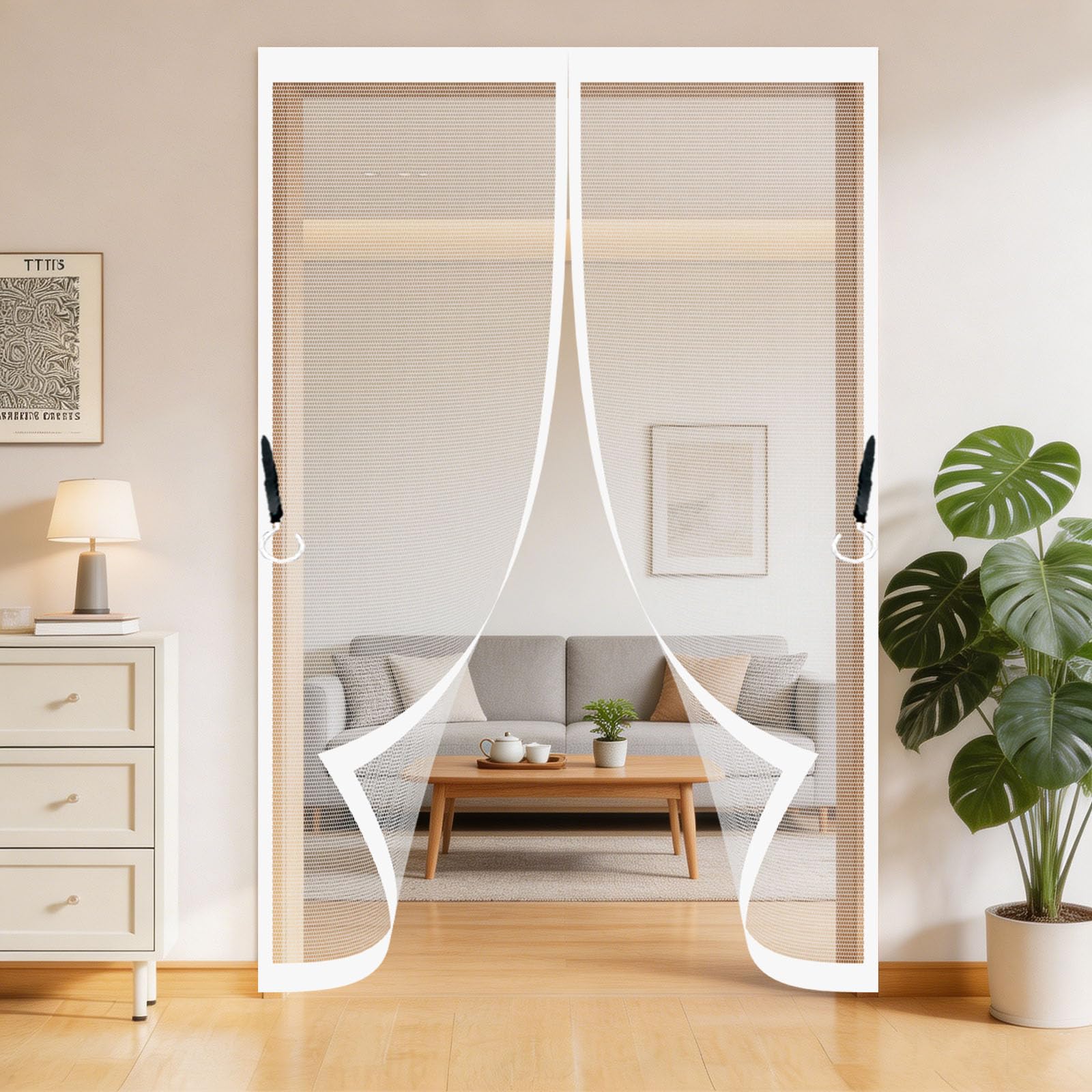 Door Fly Screen 138 x 140 cm Frame Hook & Loop Keep Bugs Out Lets Fresh Air in No Gap Door Screen for Patio Doors Balcony Sliding, White