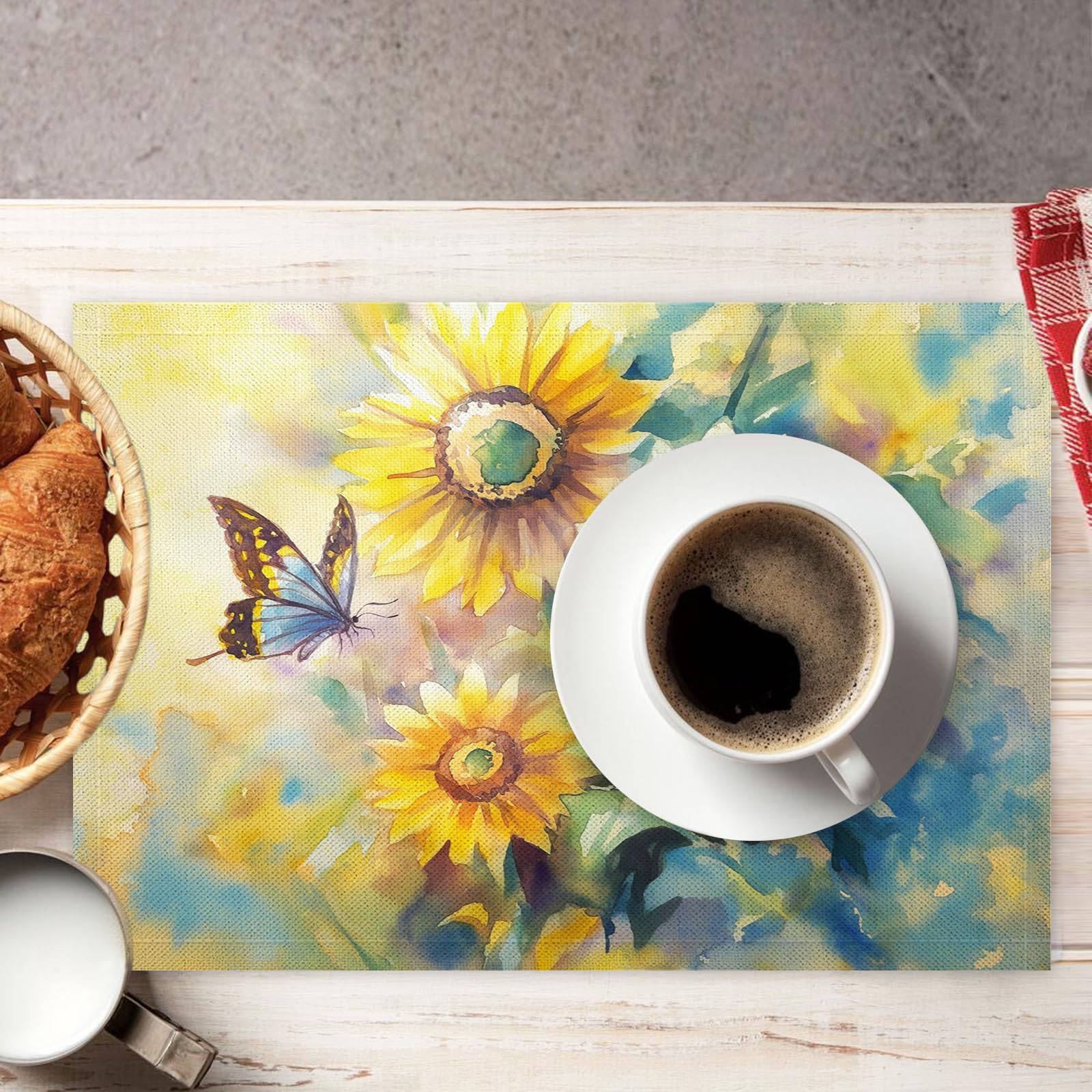 Set di 8 Tovagliette Americane Lavabili Cotone Lino Retrò - Tovaglietta Americana Resistenti al Calore Durevole Farfalla girasole - per Colazione Pranzo 30×45 cm