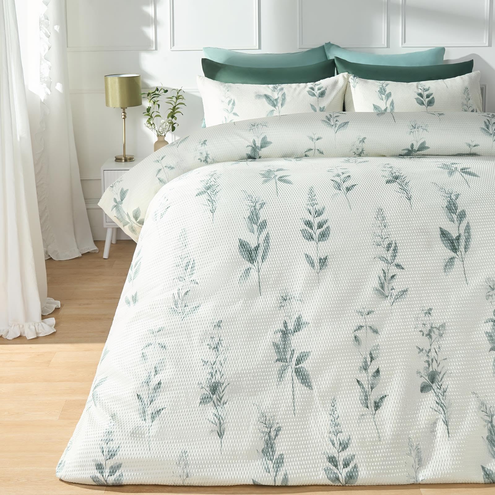 Ohs Green - Botanics King Size Duvet Cover Sets, Super Soft Cosy Warm Modern Waffle Botanics Design King Size Bedding Breathable Comfy Easy Care Duvet Cover Sets With Matching Pillowcases, Green