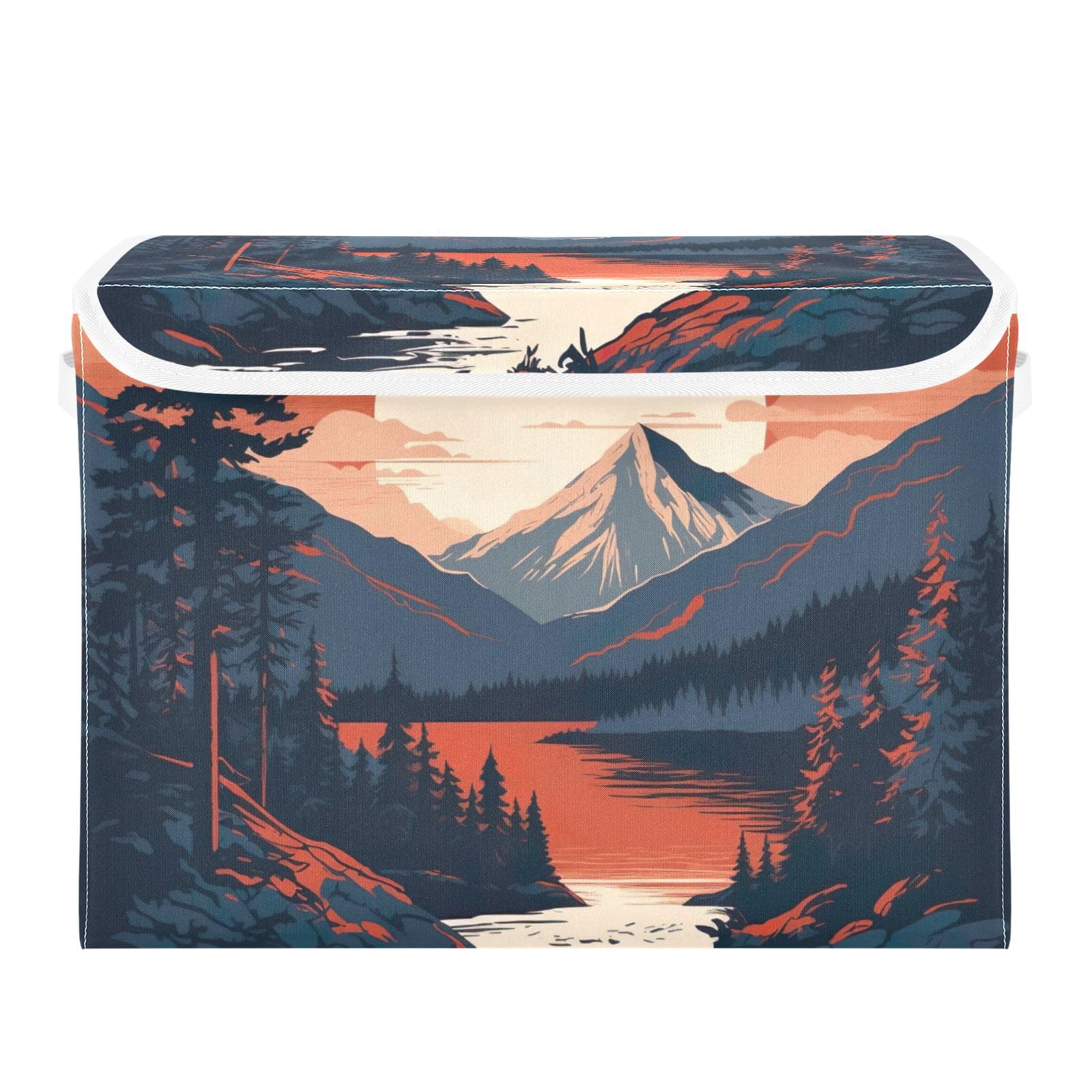 xigua Mountains Trees Storage Bins with Lids and Carrying Handle,Foldable Storage Boxes Organizer Containers Baskets Cube with Cover for Home Bedroom