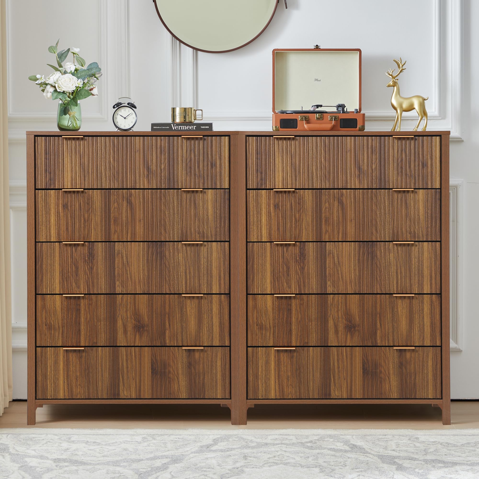 Amazon.com: Mid Century Modern Dresser TV Stand, 5 Drawer Dresser Set of 2  for Bedroom Wood, Farmhouse Boho Storage Cabinet Side Table with Solid  Natural Wood Legs, Long Wooden Nightstand for Closet (