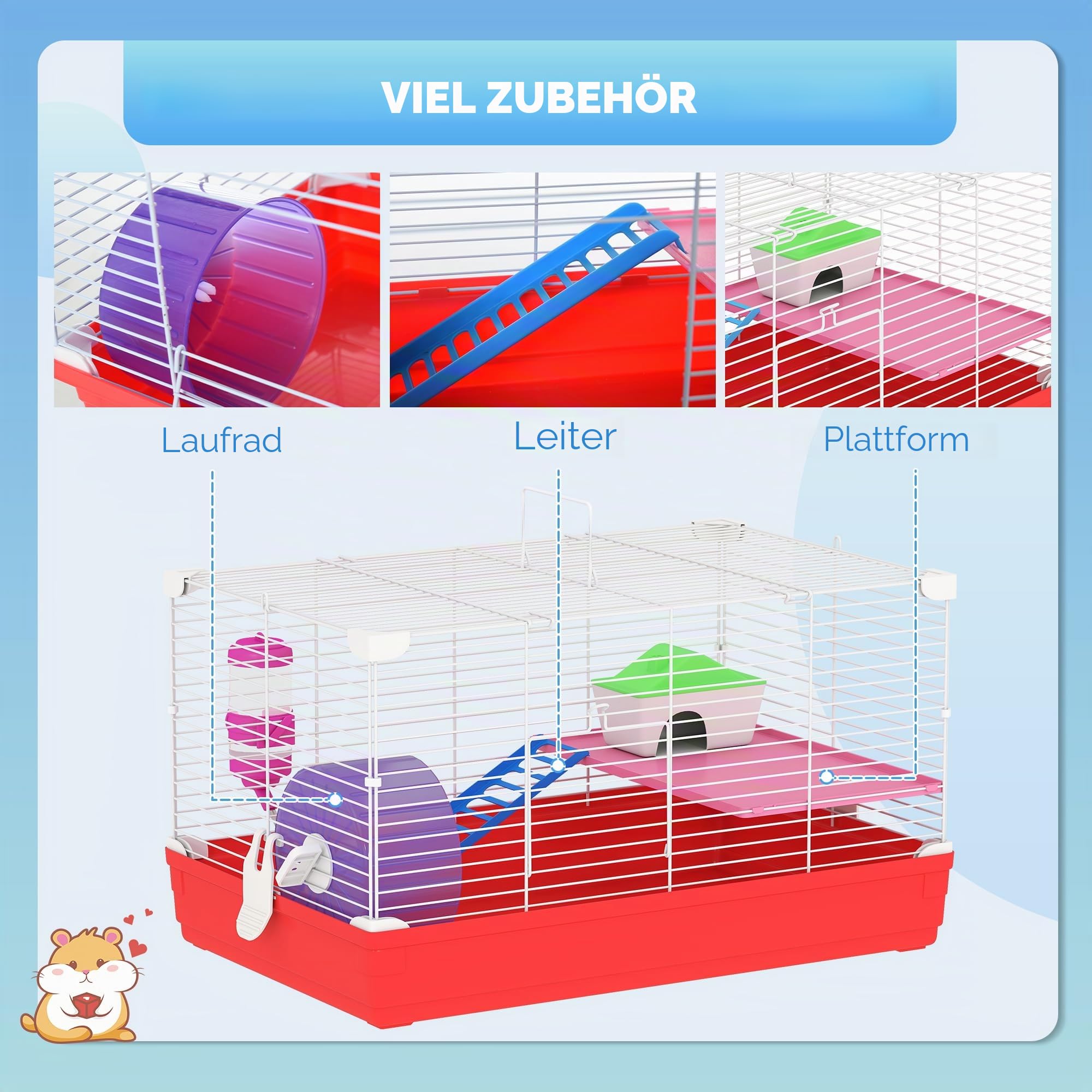 PawHut Hamsterkäfig, Nagetierkäfig, 2 Ebenen, abnehmbare Basis für eine einfache Reinigung, Schuppen, Laufrad, Leiter und Schüssel, 47 x 30 x 27 cm, Weiß und Rot