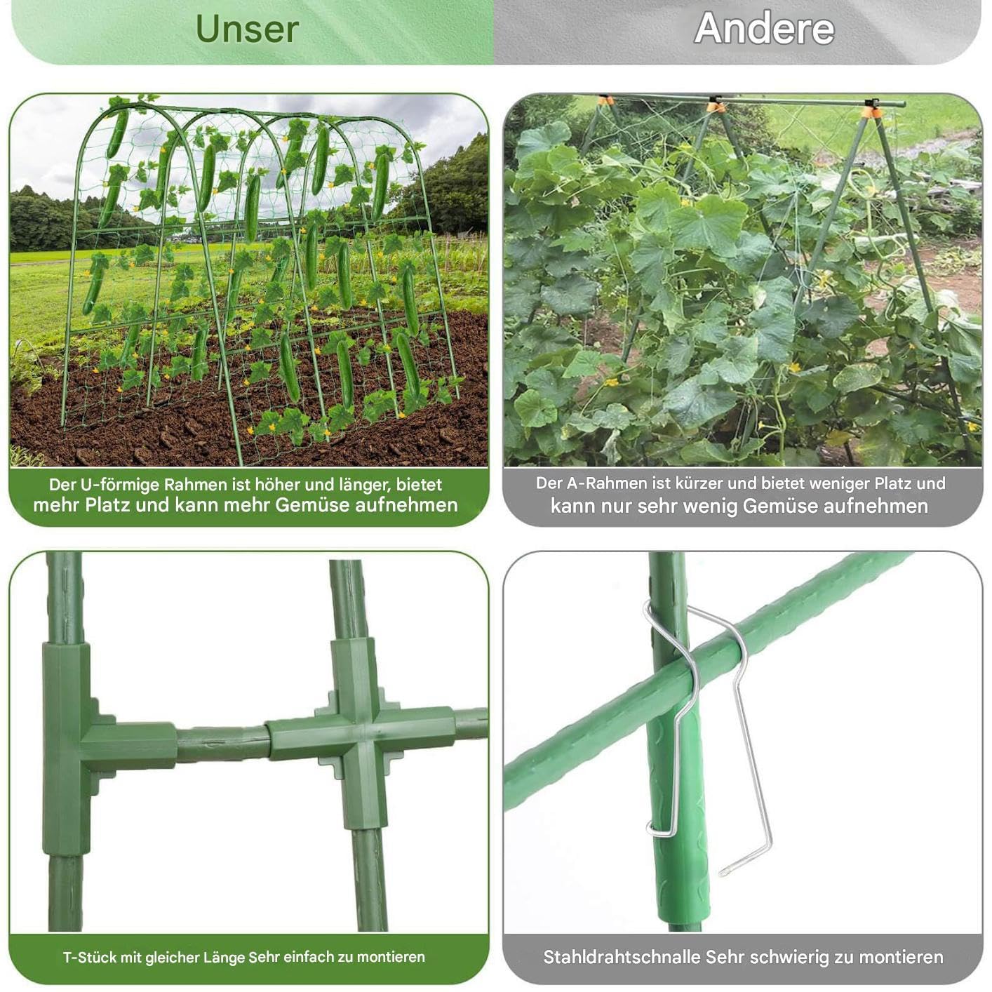 Pflanzenstütze aus Metall für Gurken, Trauben, Auberginen, Erbsen & S - Stabile Kalbs-Gartenstruktur für Hochbeete & Kletterpflanzen