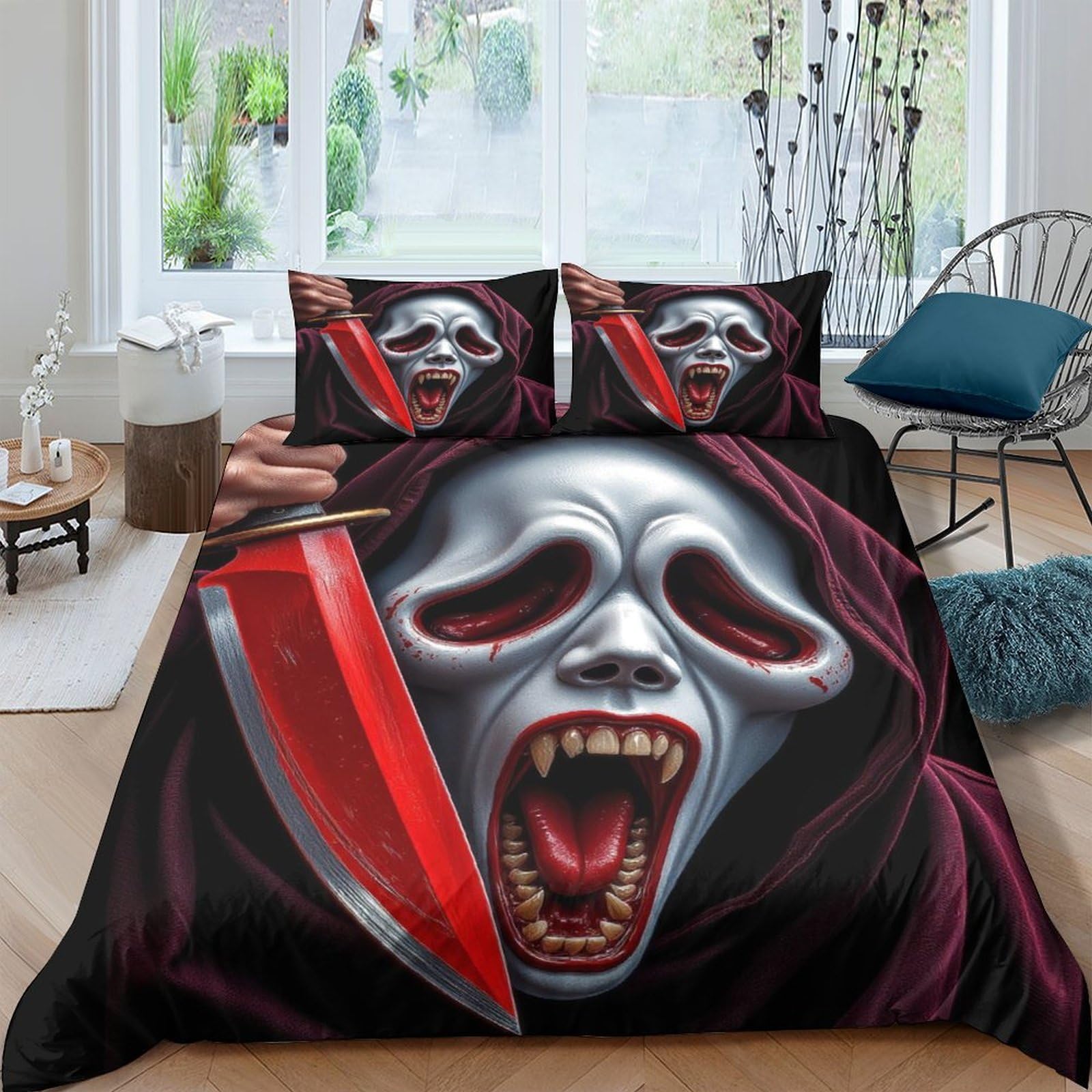 Ctjqhvkz Style-3 3D Printed Scream Mask Fitted Sheet Microfiber Black Horror Knife Mattress Cover For Bedroom Dorm Decorative Protection Single（135X200cm）