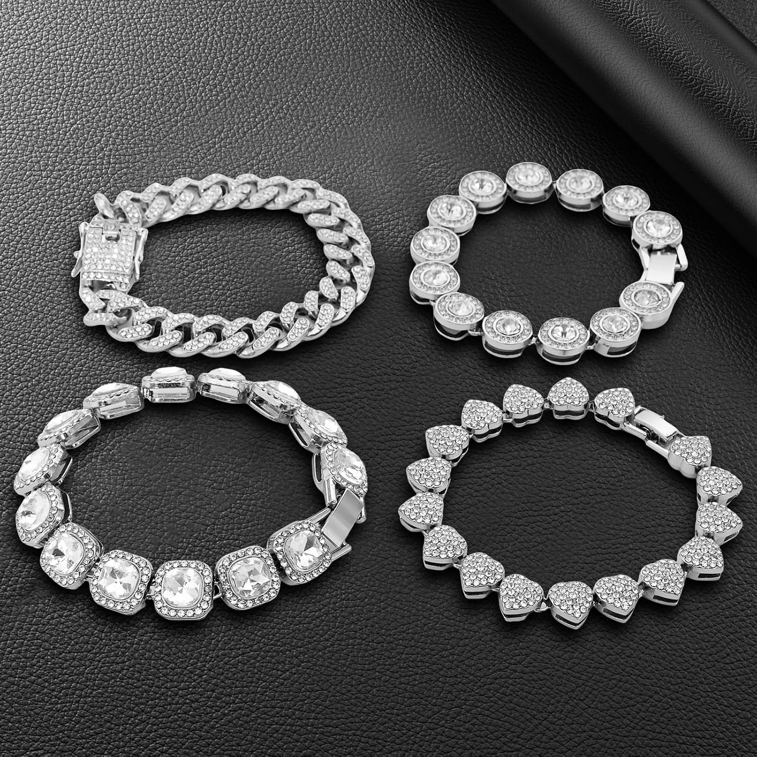 4 Pcs Silver Cuban Link Bracelet for Women Heart Charm Tennis Bracelets Fashion Jewelry Set for Party Daily Wear - Image 6