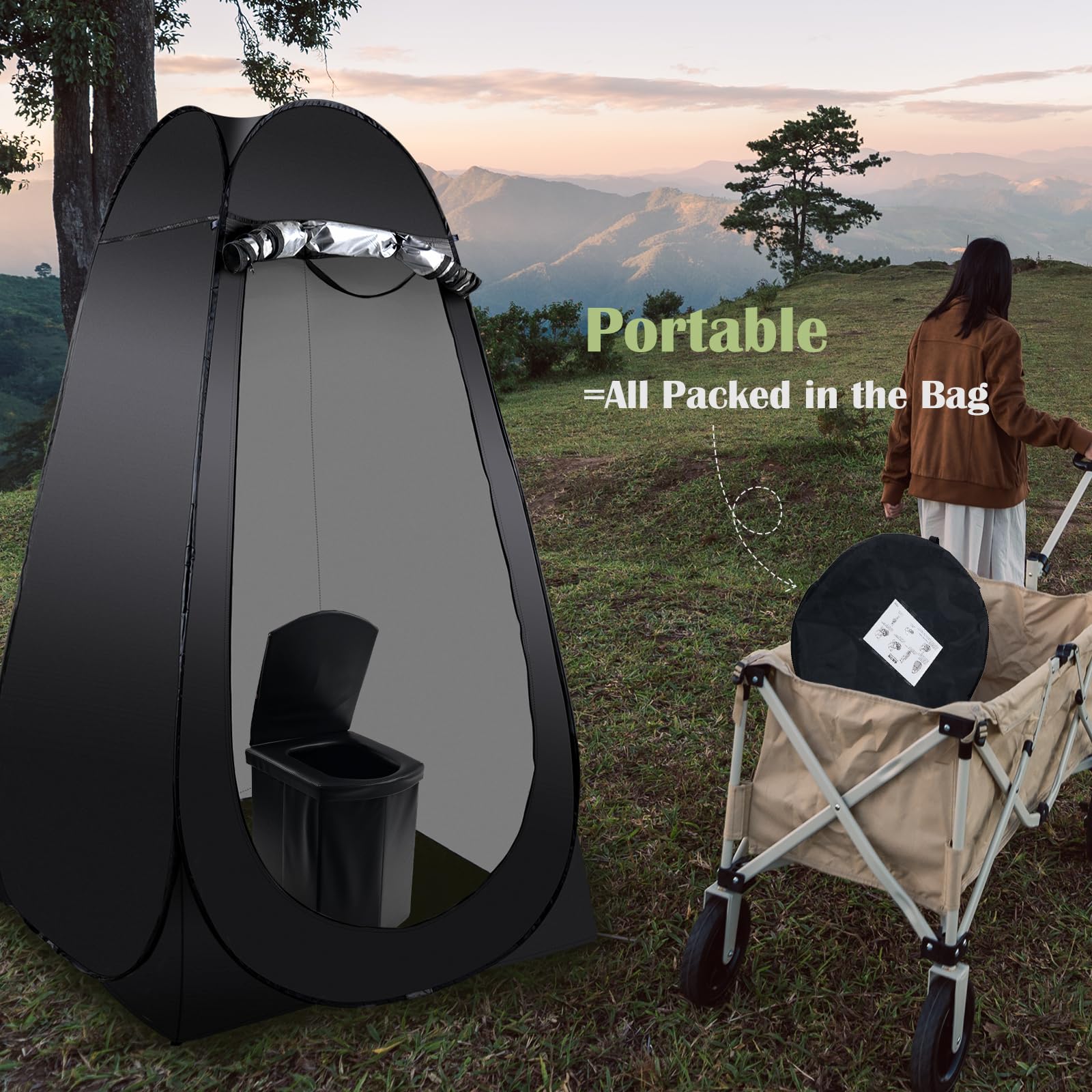 Portable Camping Toilet Kit for Adults, Pop up Privacy Tent, X Large Folding Toilet Potty with Camping Tent, Outdoor Instant Shower Tent Camp Toilet Changing Dressing Room (Black)