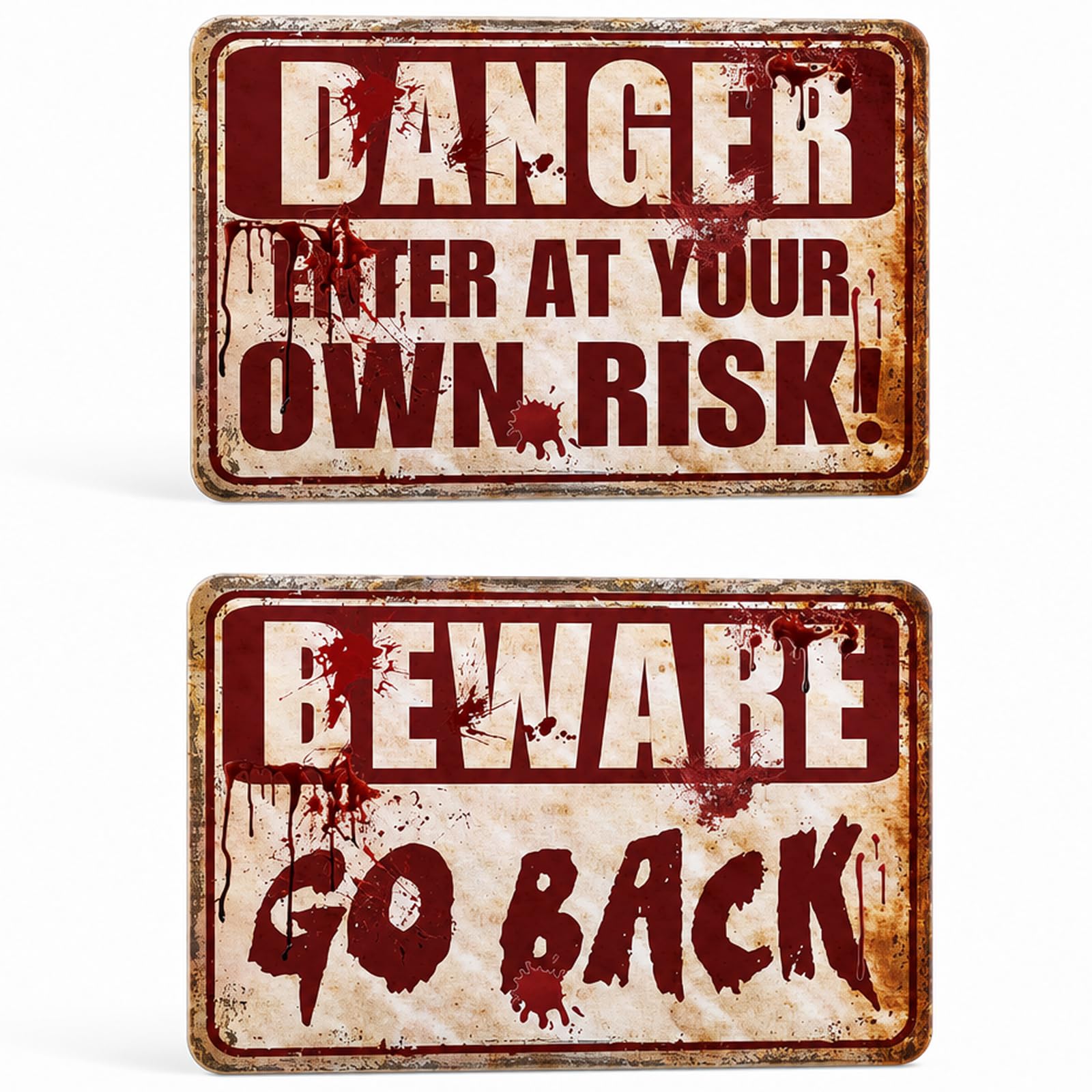XcnPer 2 Pcs Halloween Decorations Outdoor Indoor, Danger Enter At Your Own Risk and Beware Go Back, Halloween Accessories Scary Metal Sign, Decor for Magic Home, Garden, Cafes, Bar, Mistery Club