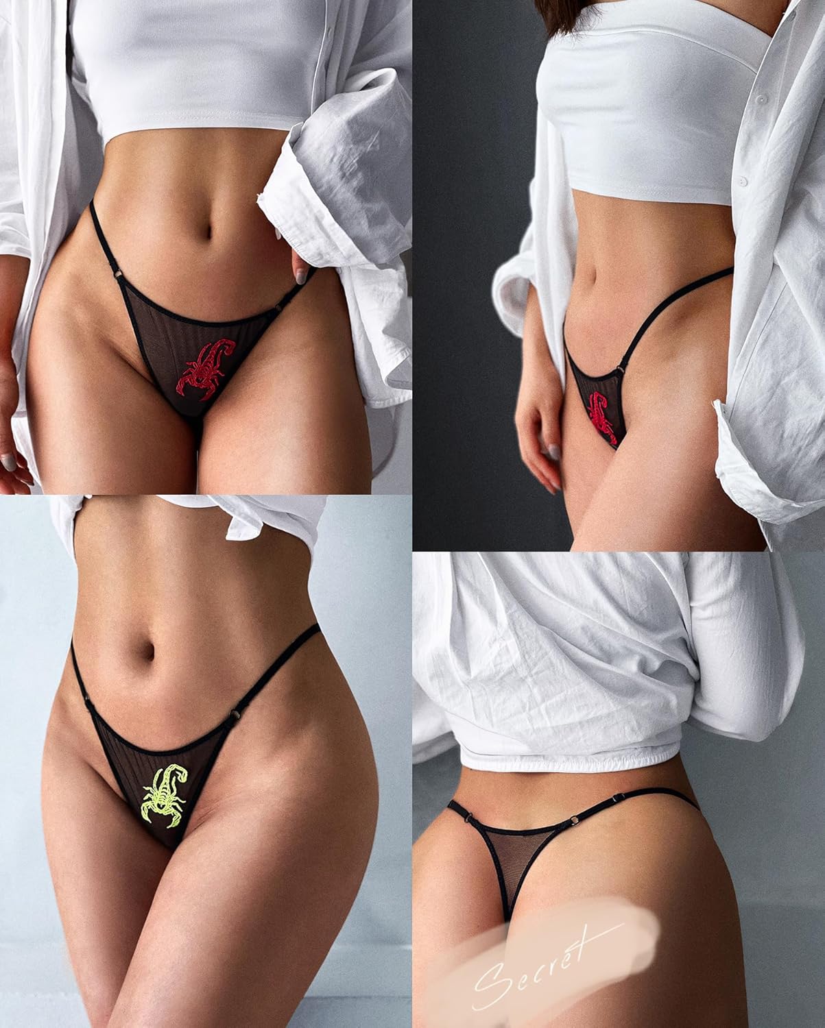 Mesh G-String Thongs for Women Adjustable Sexy Low Rise Underwear Scorpion Embroidered T-back Thongs Panties 3-6 Pack - Image 2