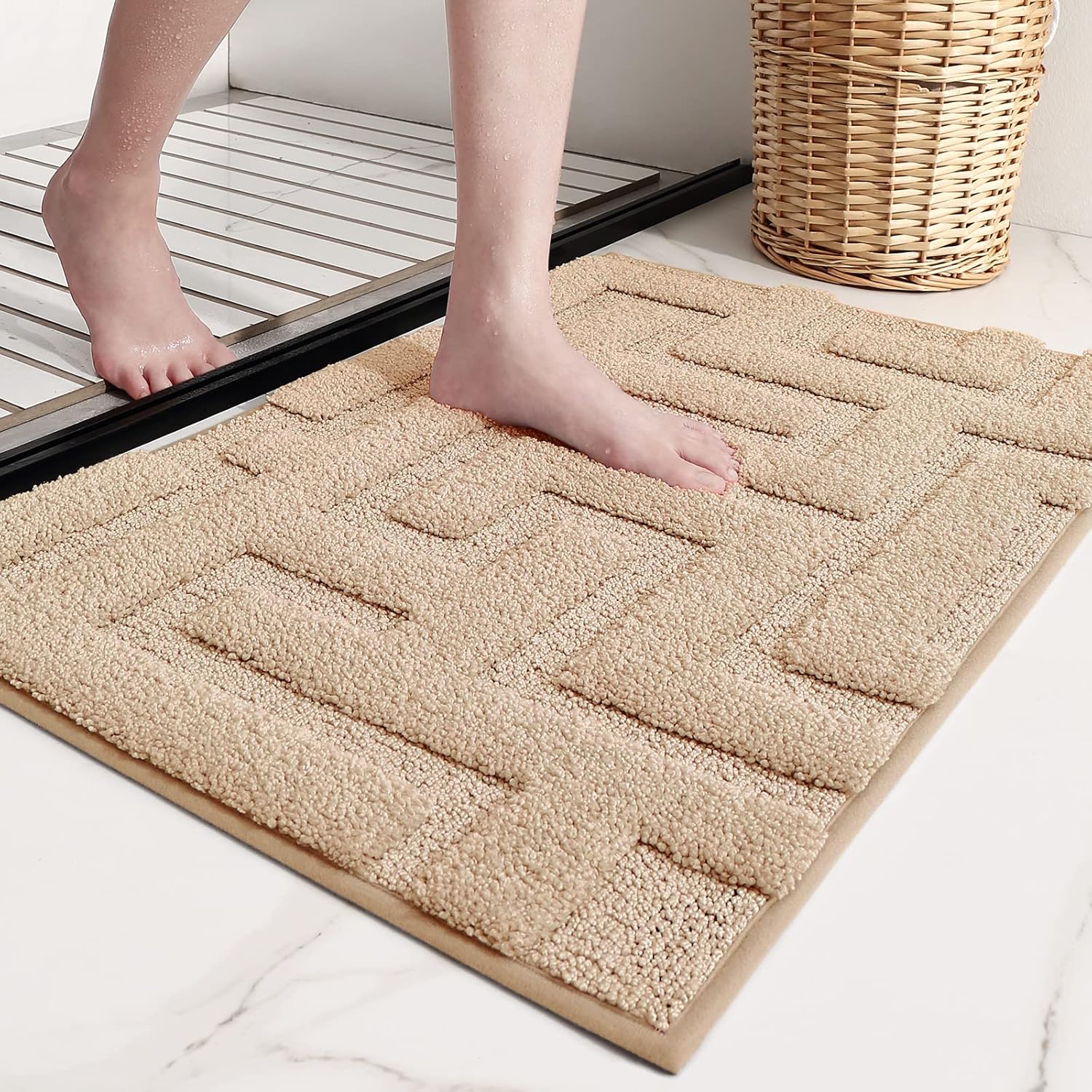 Color&Geometry Beige Bath Mats for Bathroom, Non Slip Bathroom Rug with