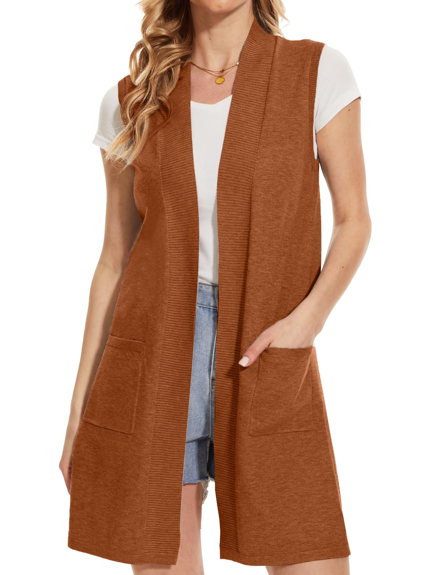 Beautiful Nomad Sleeveless Cardigans for Women Long Sweater Vest Jacket Ribbed Outerwear Coat with Pockets