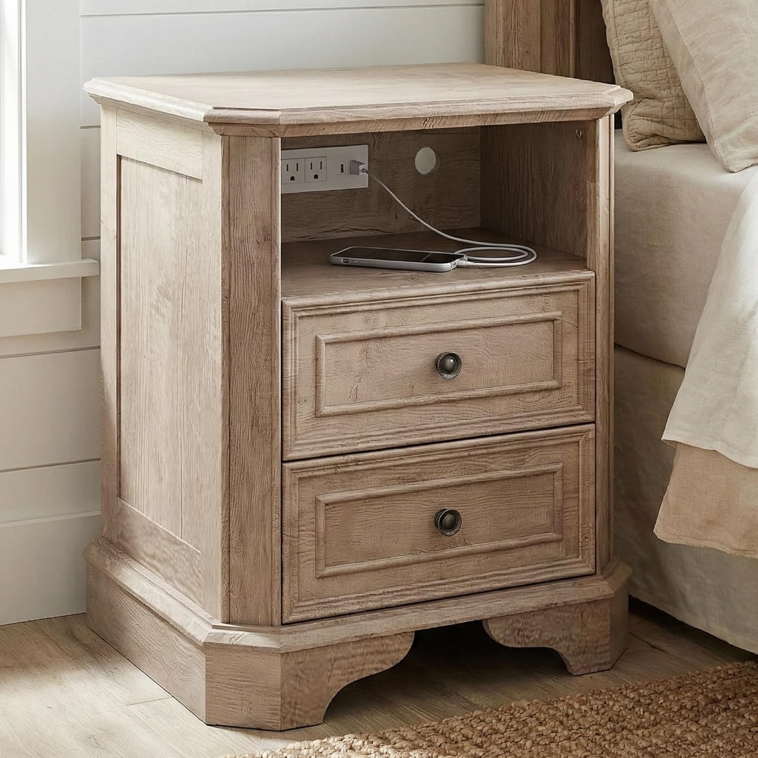 24" Tall Greige Oak Nightstand with Charging Station, Rustic Farmhouse Bedside Table with 2 Drawers and Open Shelf, Distressed Wood End Table with Outlets and USB Ports