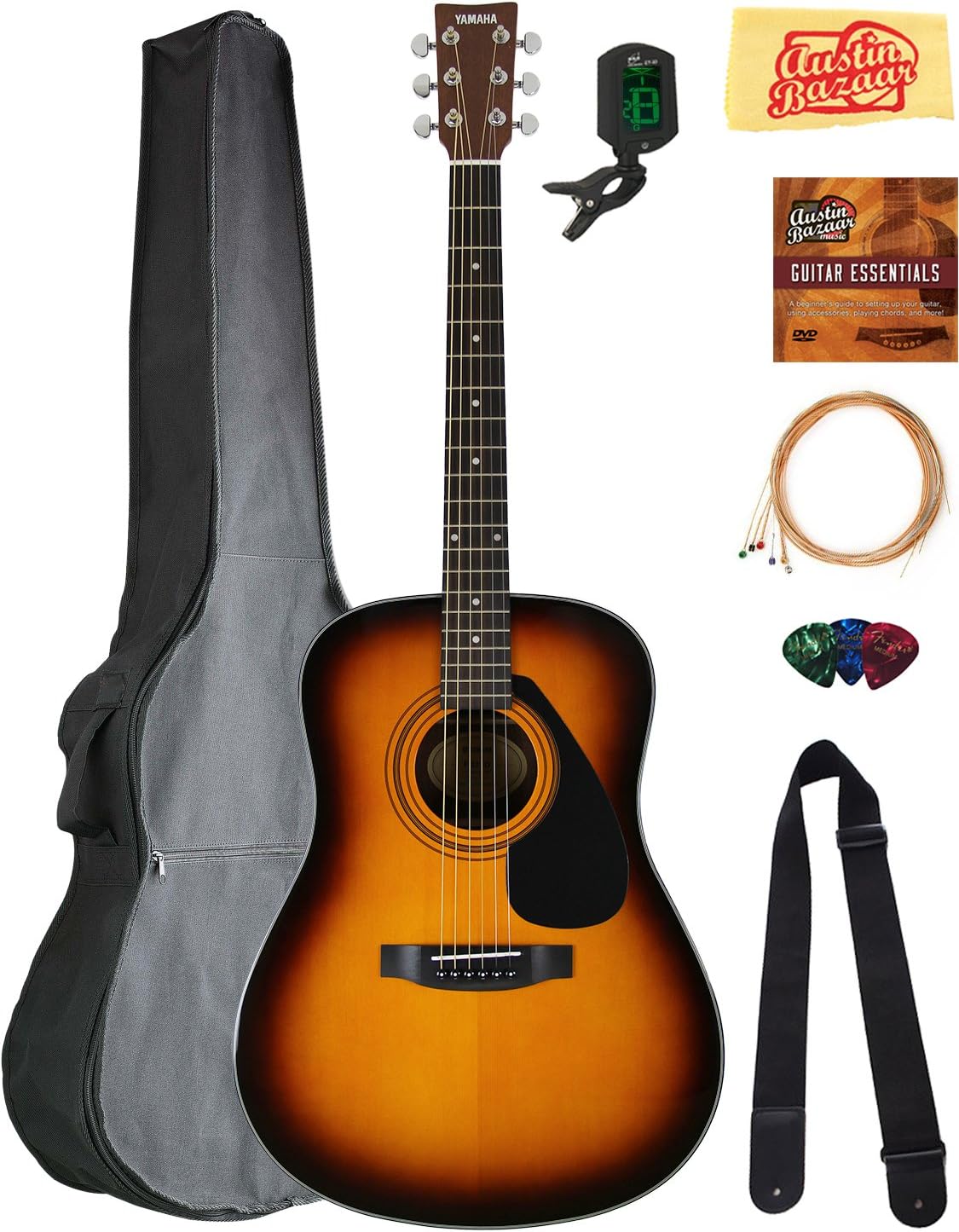Yamaha F325D Dreadnought Acoustic Guitar - Tobacco Sunburst Bundle with Gig Bag, Tuner, Strings, Strap, Picks, Austin Bazaar Instructional DVD, and Polishing Cloth