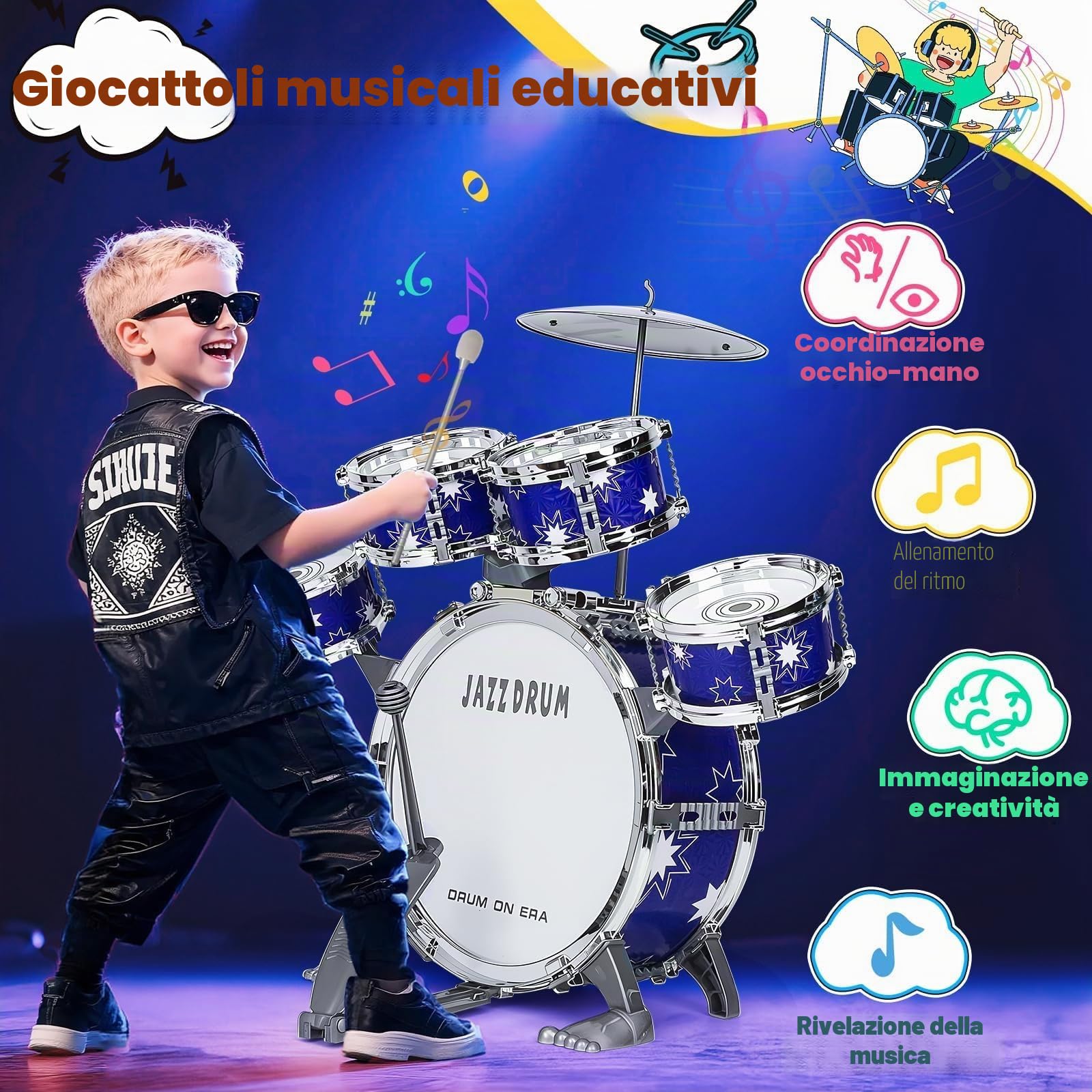 Upgrade Giocattolo Batteria Bambini 2-4 Anni Kit Batteria Jazz per Bambini con Sgabello, Giocattolo Strumento Musicale per Ragazze Ragazzi di 3 4 5 Anni Regalo