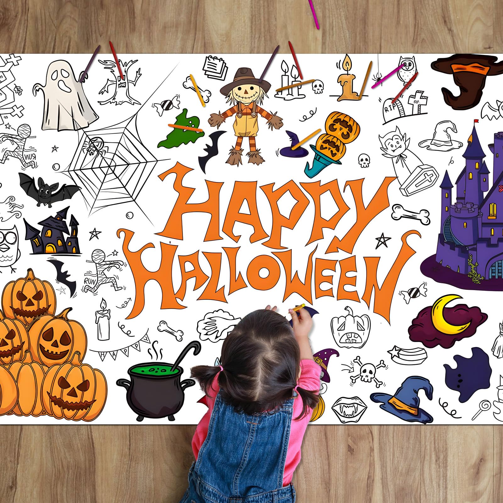 Halloween Crafts for Kids Party - 72 x 30 inch Coloring Tablecloth, Kid Versatile Activity Drawing Paper Poster, Fun Creative Coloring Sheets Perfect for Halloween Games and Festive Decorations
